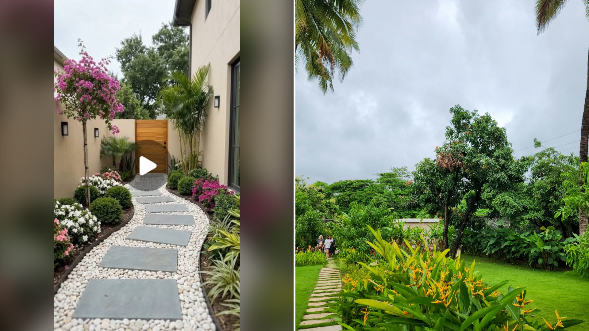 Split image with the cover of @modernconstructiondiy's Instagram reel, where a narrow side yard holds a stone stepping path, flowering shrubs and a wooden gate, on the left and an Unsplash photo by Zoshua Colah on the right showing a lush green pathway through a tropical backyard garden