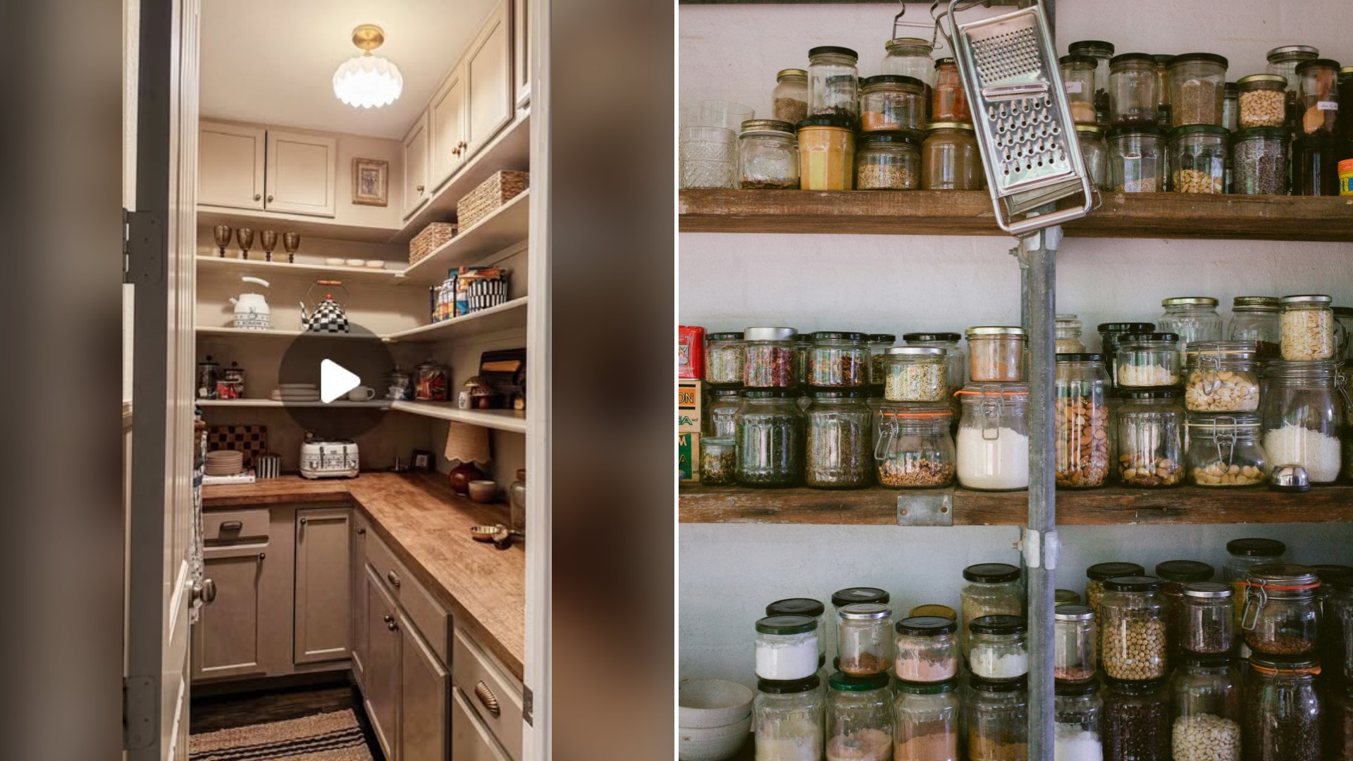 Split image with the cover of @styledbybeck's Instagram reel, where a walk-in pantry shows butcher block counters, open shelving and a pendant light, on the left and an Unsplash photo by Luisa Brimble on the right showing assorted glass jars on a white wooden pantry shelf