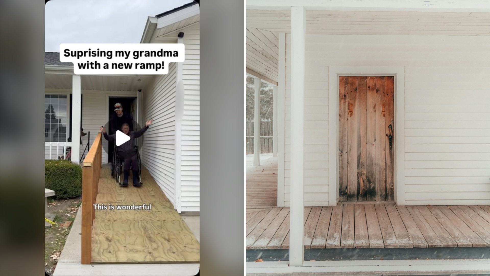 Split image with the cover of @caleb.dailyy's Instagram reel, where he stands with his grandmother on a new wooden ramp outside a white house, on the left and an Unsplash photo by Hans on the right showing a rustic front porch of a white house with a wooden door