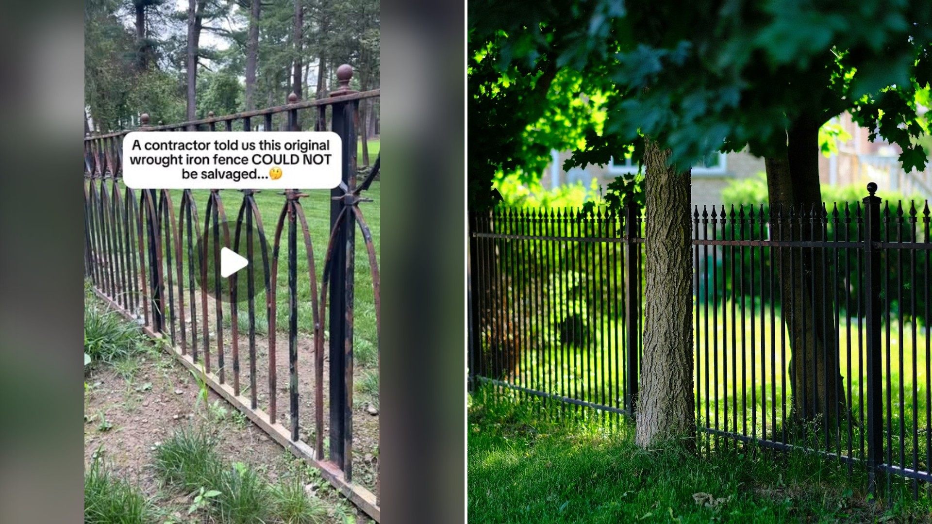 Split image with the cover of @mansiononwaverlyhill's Instagram reel, where a black wrought iron fence stands in a grassy yard, on the left and an Unsplash photo by Dilmeer Hazoor on the right showing a black metal fence near green trees in daytime