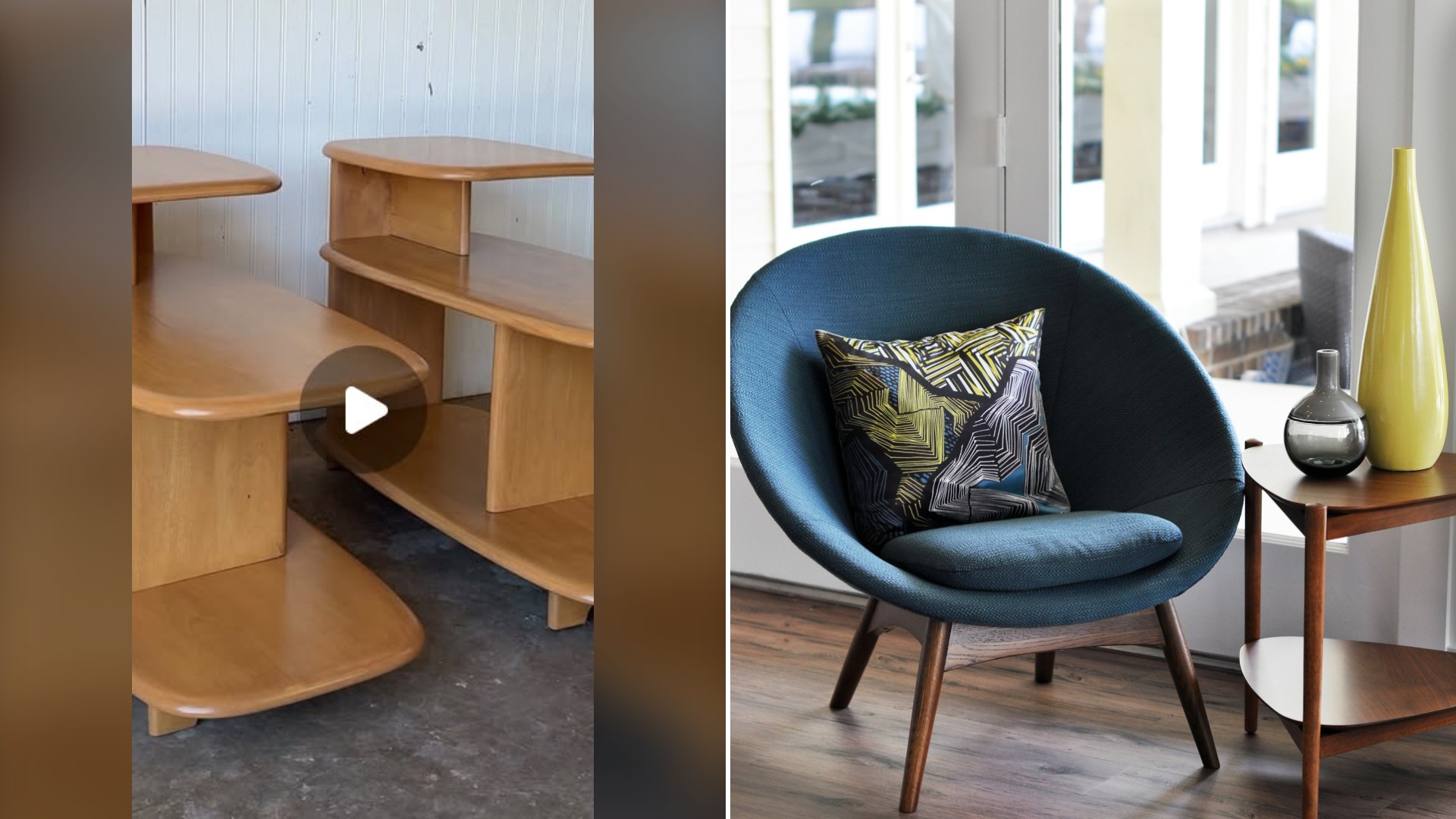 Split image with the cover of @thefurnituredr's Instagram reel, where two curved wooden surfboard tables sit outside, on the left and an Unsplash photo by Ana G Mendivil on the right showing a mid-century style living room corner with a blue chair and a yellow vase