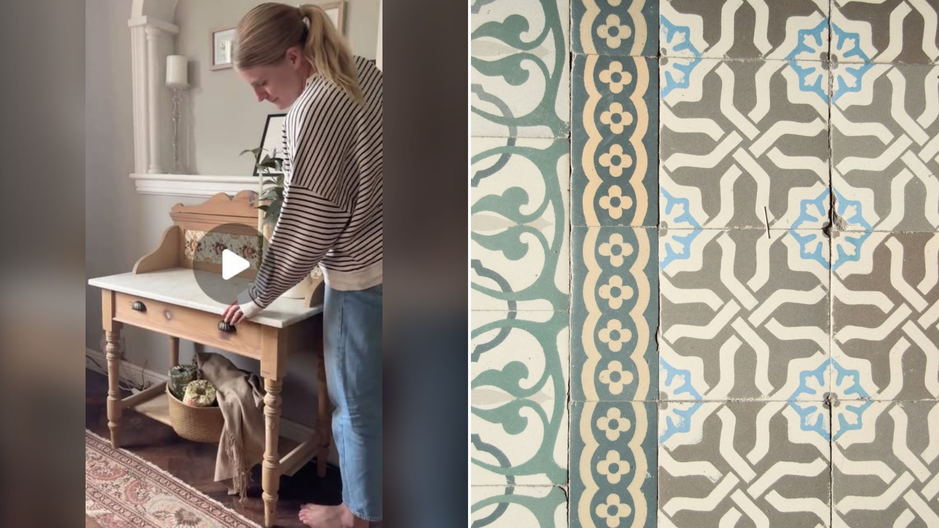Split image with the cover of @rediscoveredbydanielle's Instagram reel, where she works on a wooden washstand in a sitting room, on the left and an Unsplash photo by Thảo Phạm on the right showing vintage ceramic tiles with blue and grey geometric and floral motifs