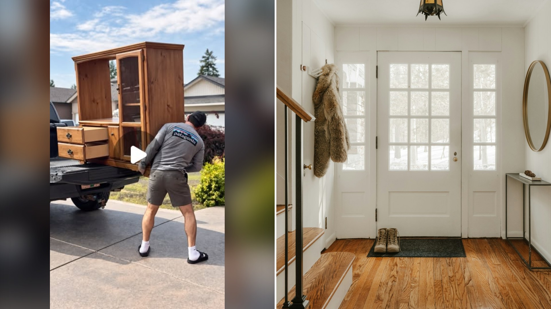 Split image with the cover of @isaiahdiy's Instagram reel, where he unloads a wooden entertainment center from a pickup truck, on the left and an Unsplash photo by Clay Banks on the right showing a bright entryway with a white glass-paneled door and wood floors