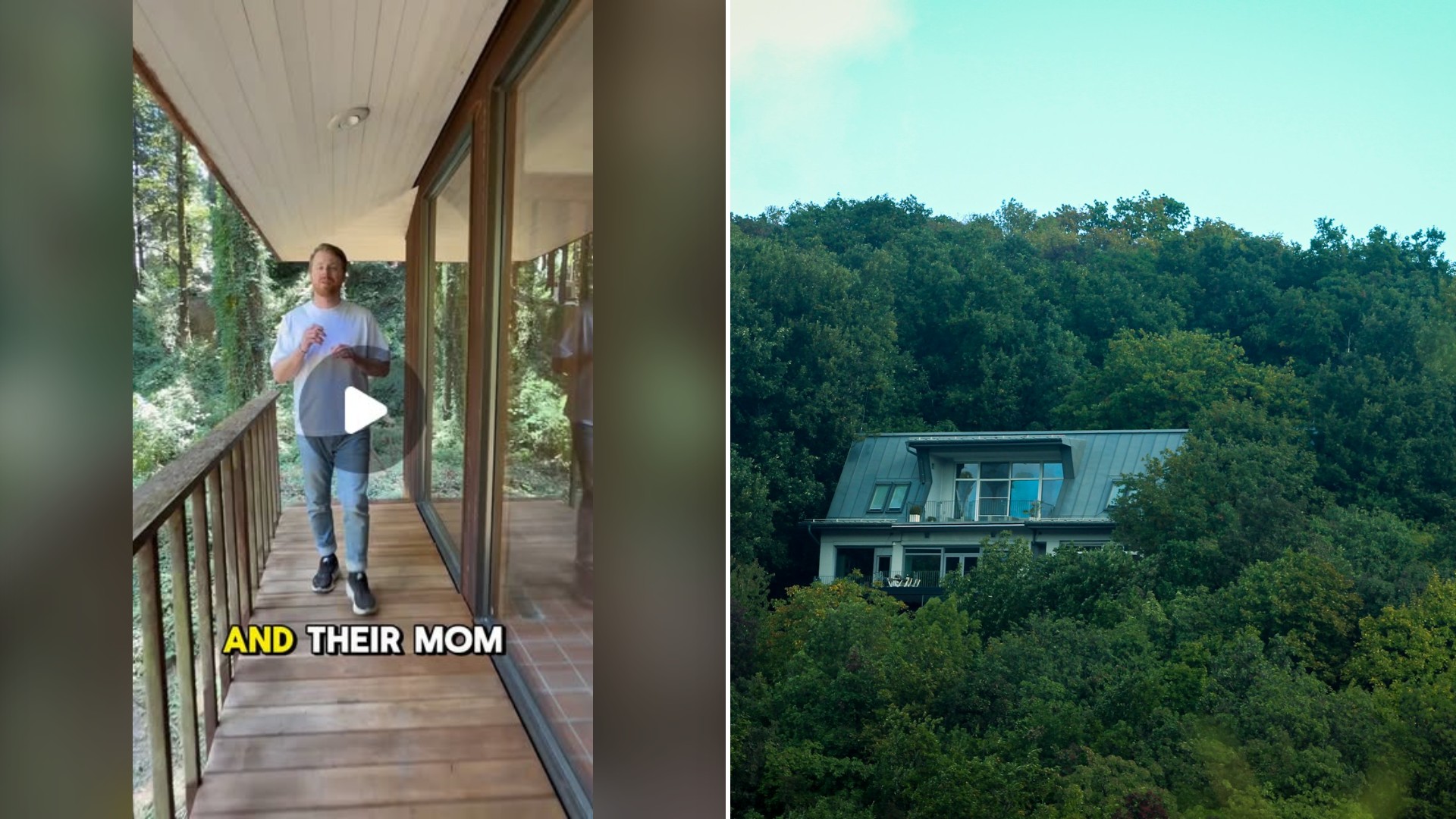 Split image with the cover of @benrezac's Instagram reel, where he walks along the wooden deck of a mid century house surrounded by trees, on the left and an Unsplash photo by Umair Ali Asad on the right showing a modern house nestled among lush green trees