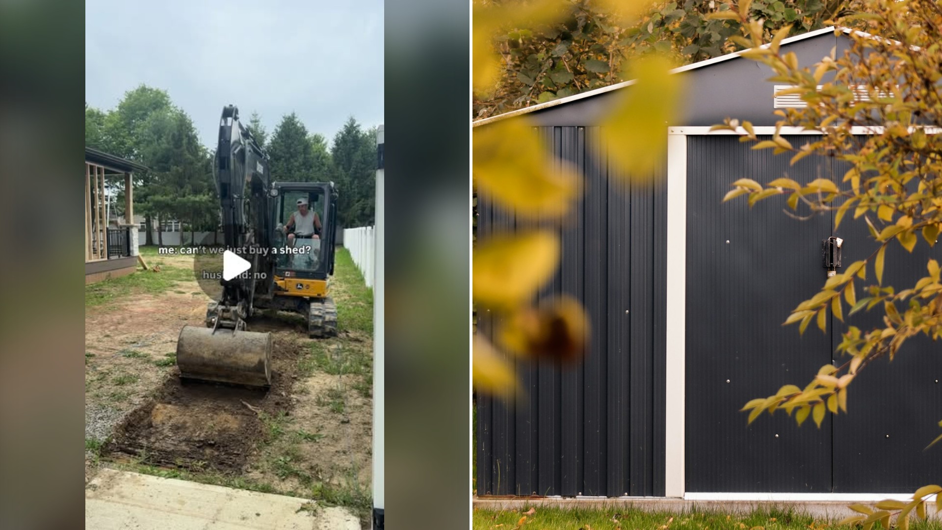 Split image with the cover of @christinelizabethhome's Instagram reel, where a mini excavator digs out a pad in a backyard, on the left and an Unsplash photo by Céline Geeurickx on the right showing a black garden shed behind autumn leaves