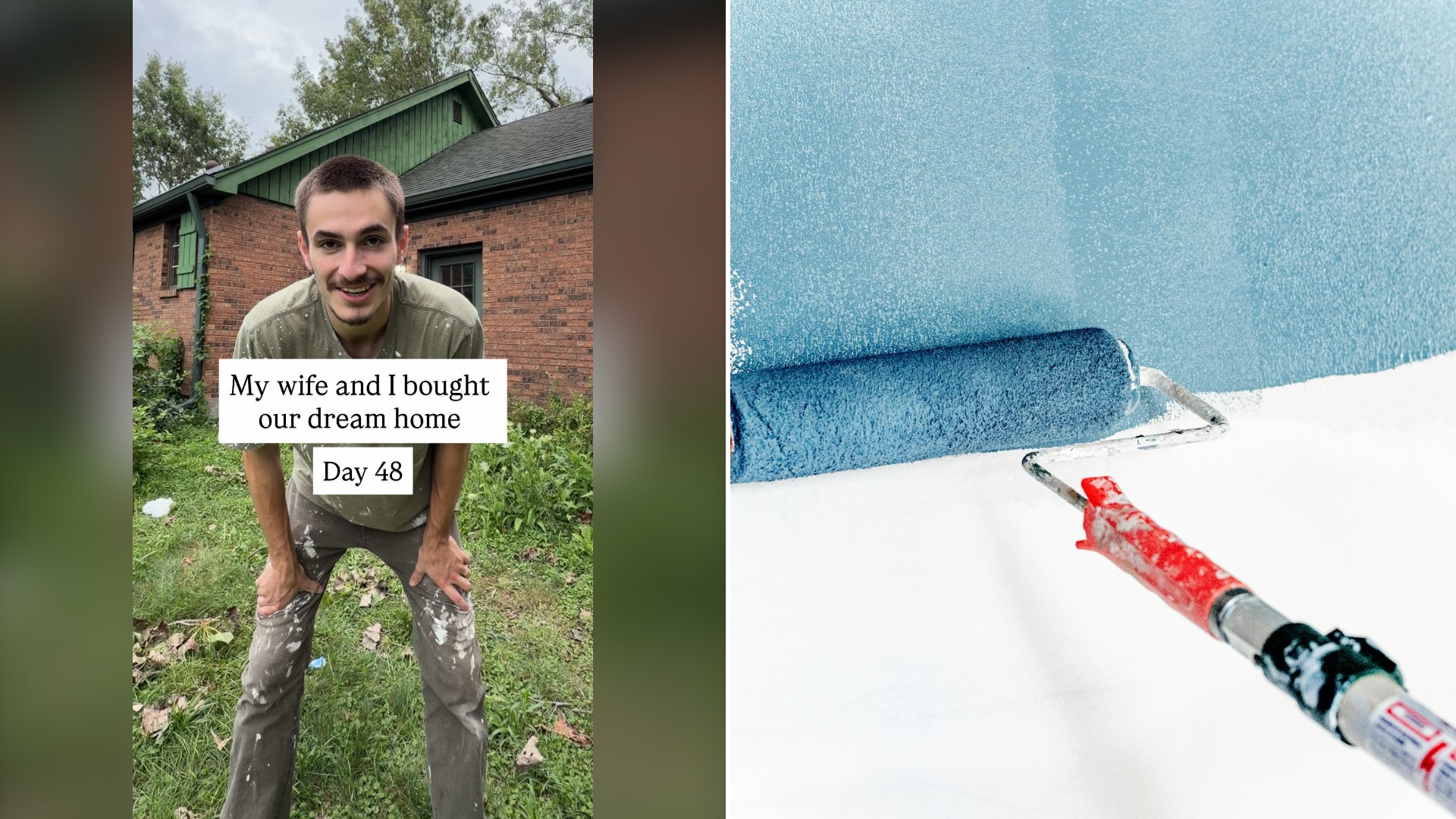 Split image with the cover of @noah.dascenzo's TikTok video, where he stands paint-splattered in front of a brick house, on the left and an Unsplash photo by Theme Photos on the right showing an extended paint roller rolling blue paint onto a white wall