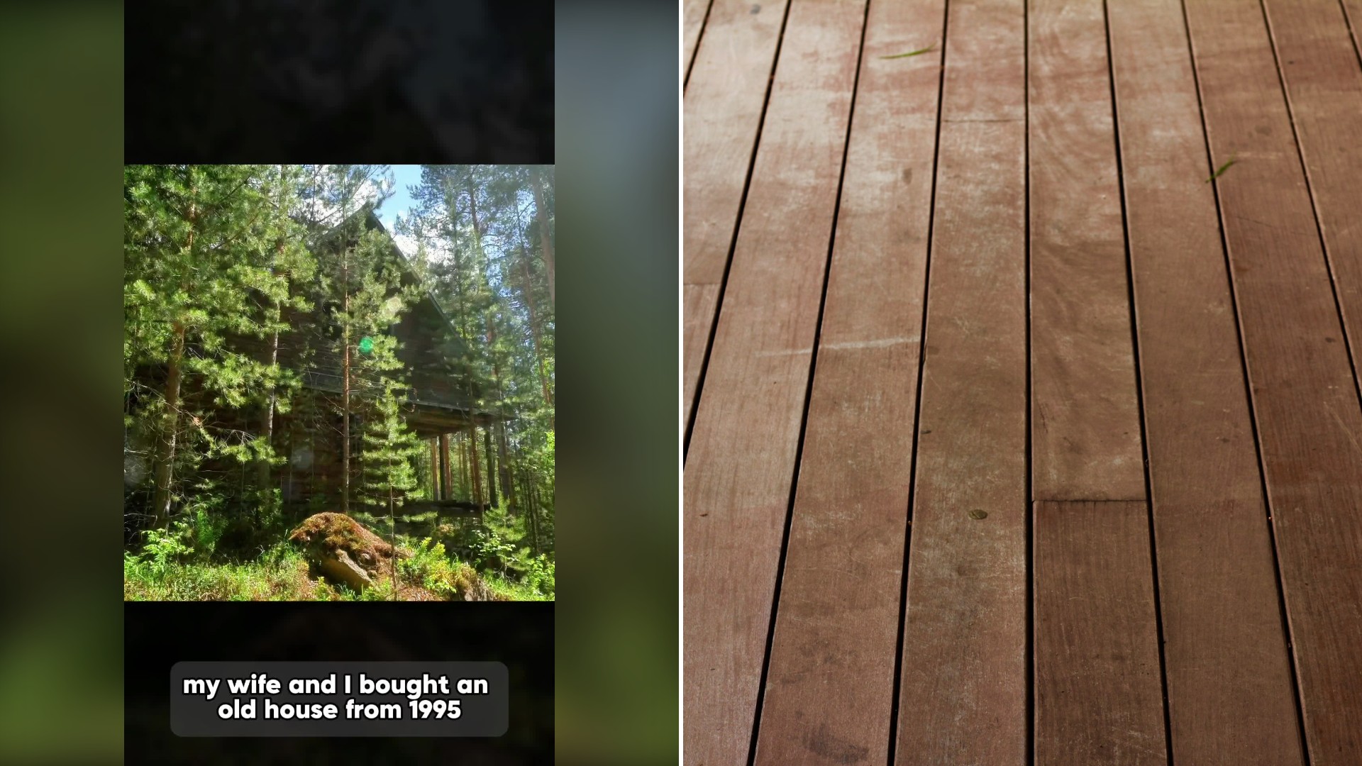Split image with the cover of @biterlifework's TikTok video, where an old house sits overgrown by green trees, on the left and an Unsplash photo by Hal Gatewood on the right showing brown wooden floor panels