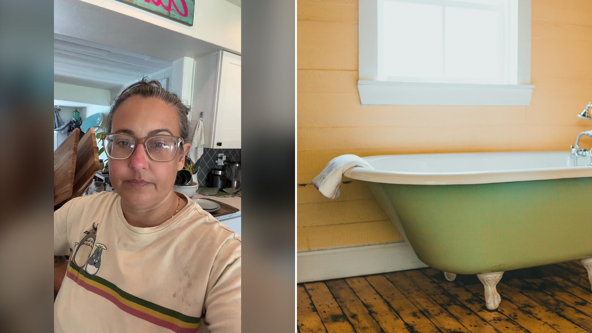 Split image with the cover of @lesleypsyd's TikTok video, where she talks to the camera in her kitchen, on the left and an Unsplash photo by Erik Mclean on the right showing a green clawfoot bathtub in a yellow room