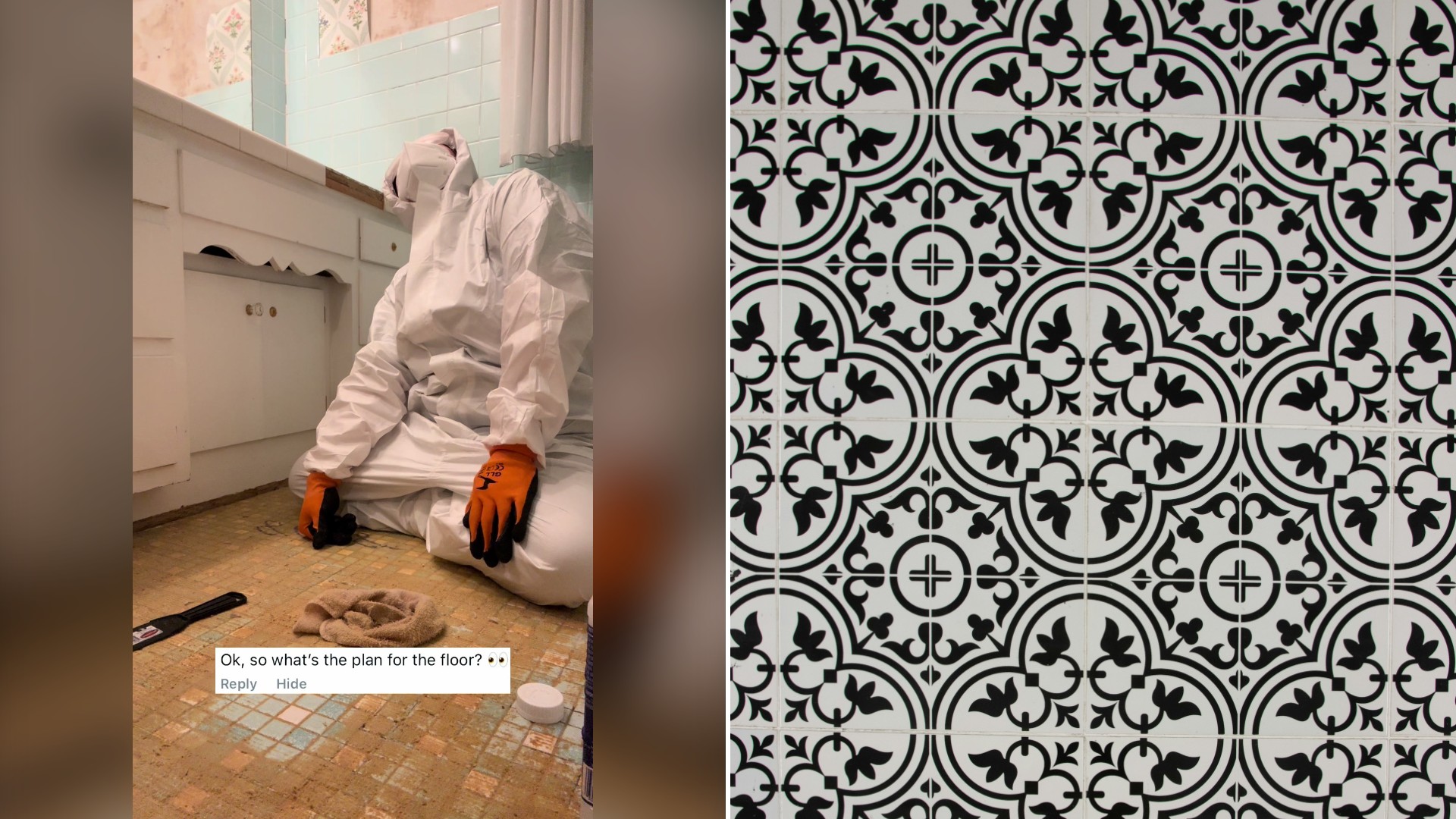 Split image with the cover of @tracicox2's TikTok video, where a person in a white hazmat suit and orange gloves kneels on a mosaic tile floor, on the left and an Unsplash photo by ZUZANA on the right showing black and white patterned tile