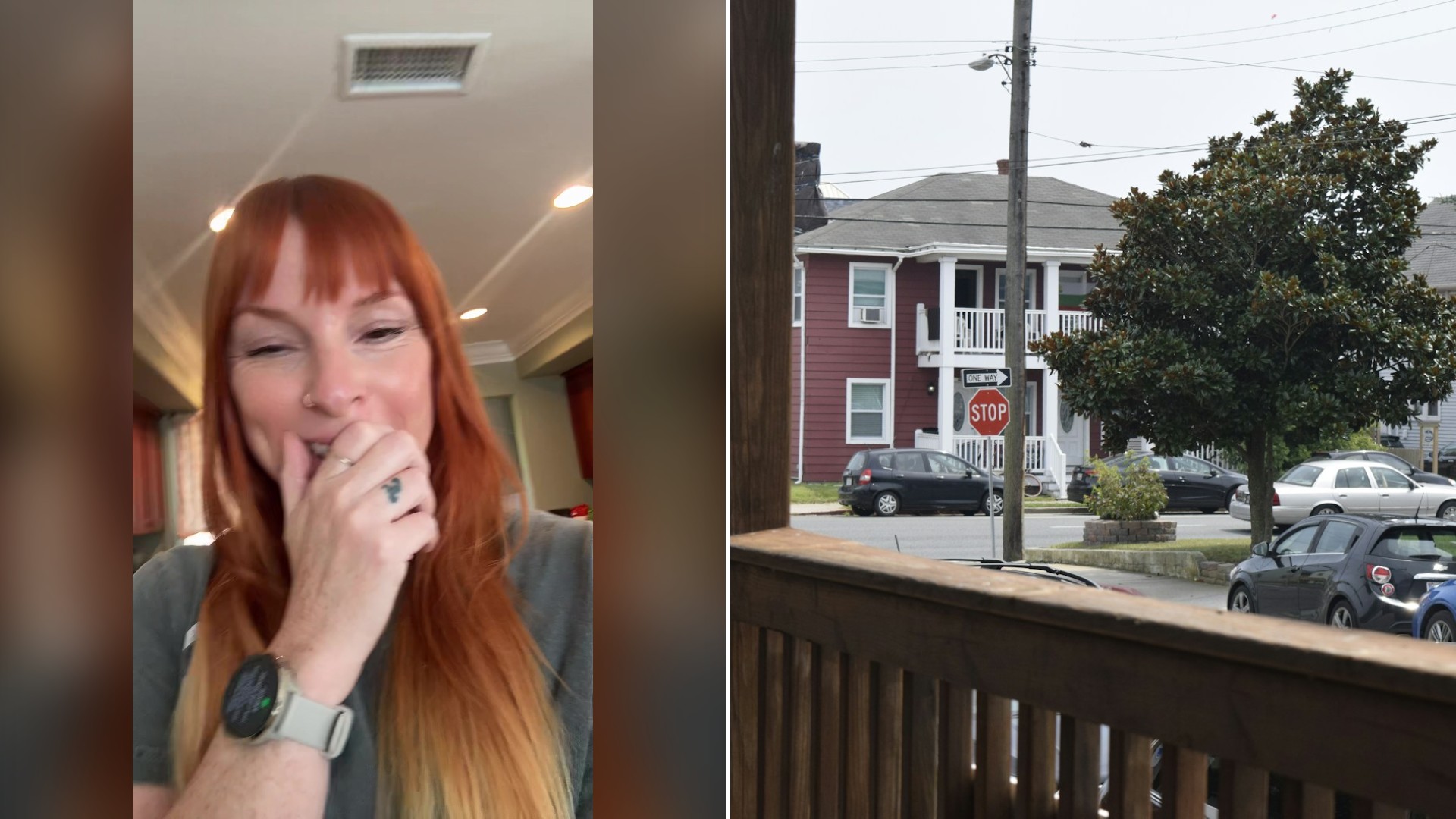 Split image with the cover of @sarcasticallyanxious's TikTok video, where Blair laughs with her hand over her mouth, on the left and an Unsplash photo by Barthel Joseph on the right showing houses and parked cars across the street seen from a wooden porch