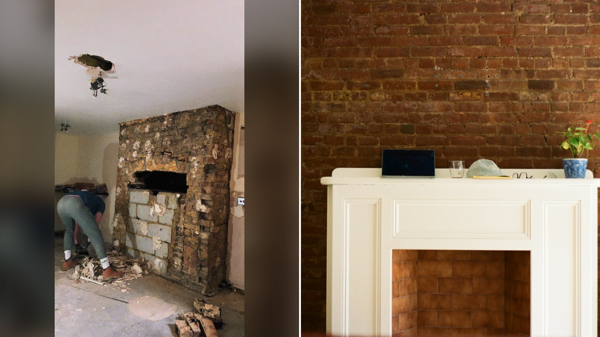 Split image with the cover of @twogays.onereno's TikTok video, showing their kitchen wall torn open to reveal an old brick fireplace, on the left and an Unsplash photo by Matthew Kettelkamp on the right showing a white fireplace mantel against an exposed brick wall