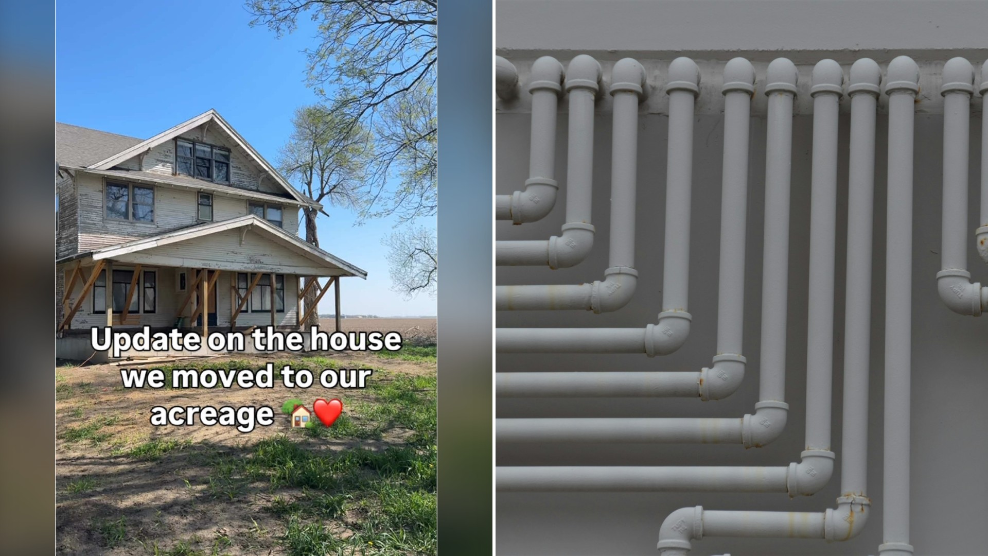 Split image with the cover of @sharel.moore's TikTok video, where a large two-story farmhouse under renovation stands on open land, on the left and an Unsplash photo by Roger Starnes Sr on the right showing white pipes running along a wall
