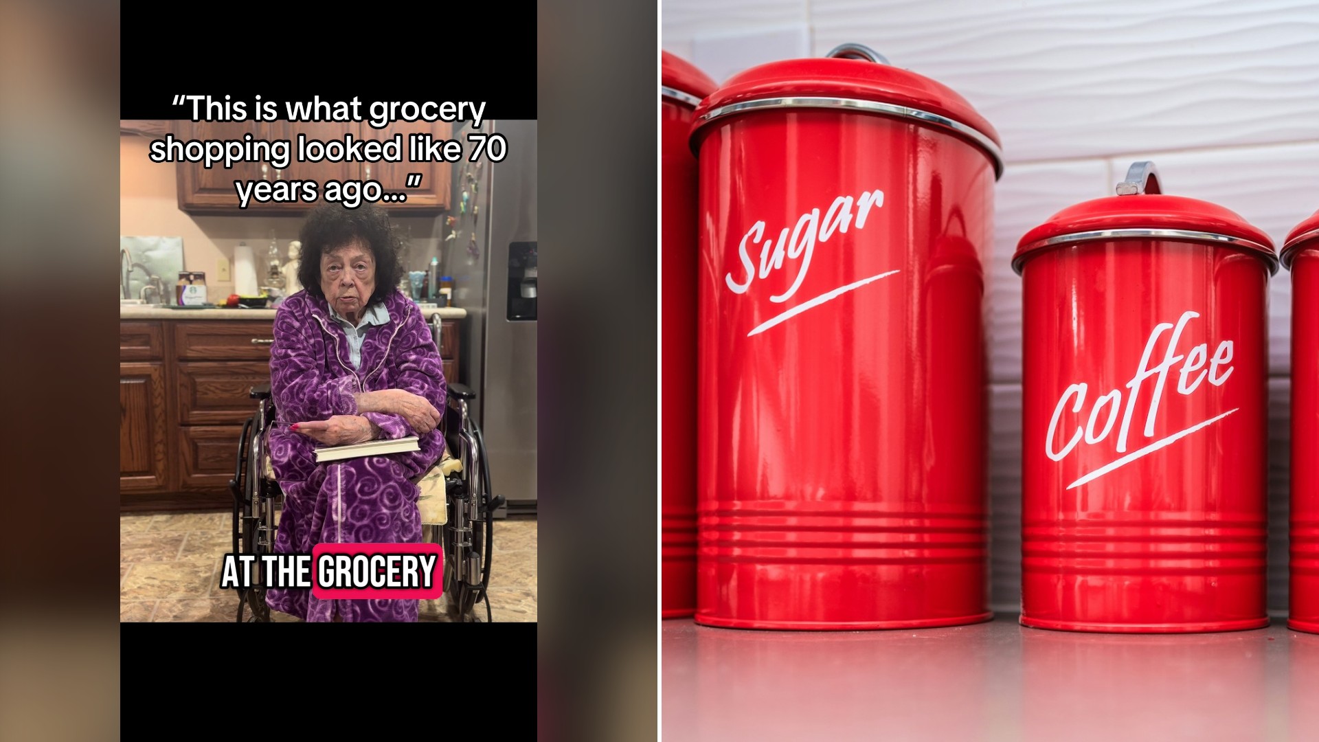 Split image with the cover of @appalachaingrandma's TikTok video, where an older woman in a purple robe sits in her kitchen, on the left and an Unsplash photo by Henry Fraczek on the right showing red retro canisters labeled sugar and coffee