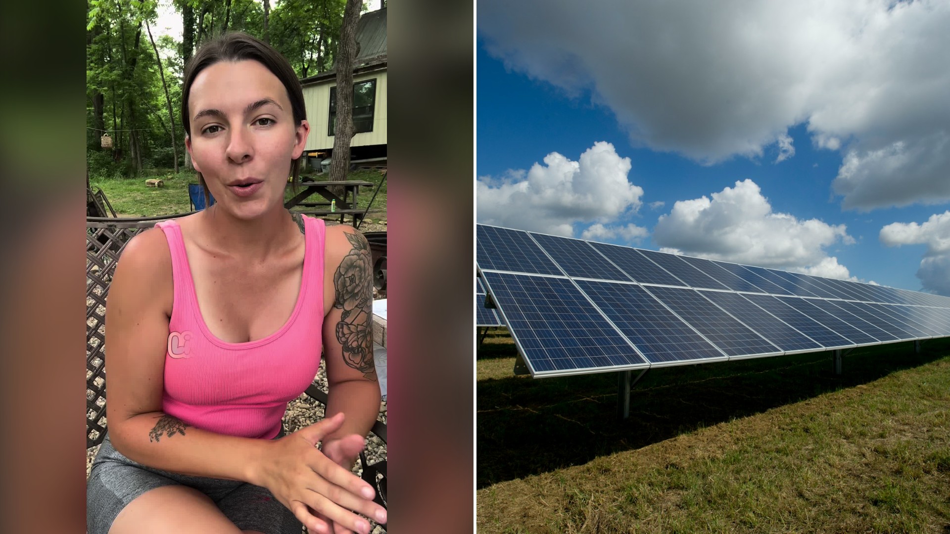 Split image with the cover of @holliday.ridge's TikTok video, where she talks to the camera outdoors in a pink tank top, on the left and an Unsplash photo by American Public Power Association on the right showing rows of solar panels on a green field