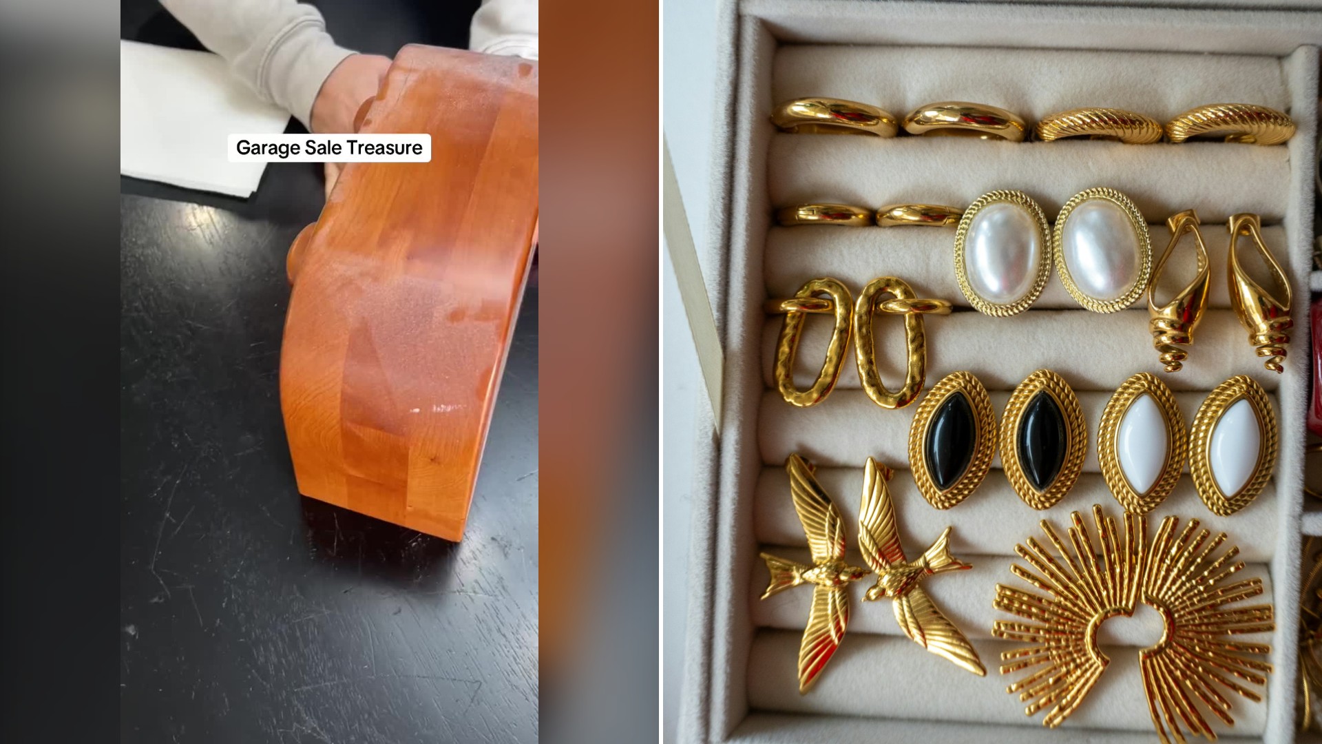 Split image with the cover of @minassco8's TikTok video, where a glossy orange wooden jewelry box sits on a black counter, on the left and an Unsplash photo by Aliona Zahrai on the right showing vintage gold and pearl earrings in a jewelry box