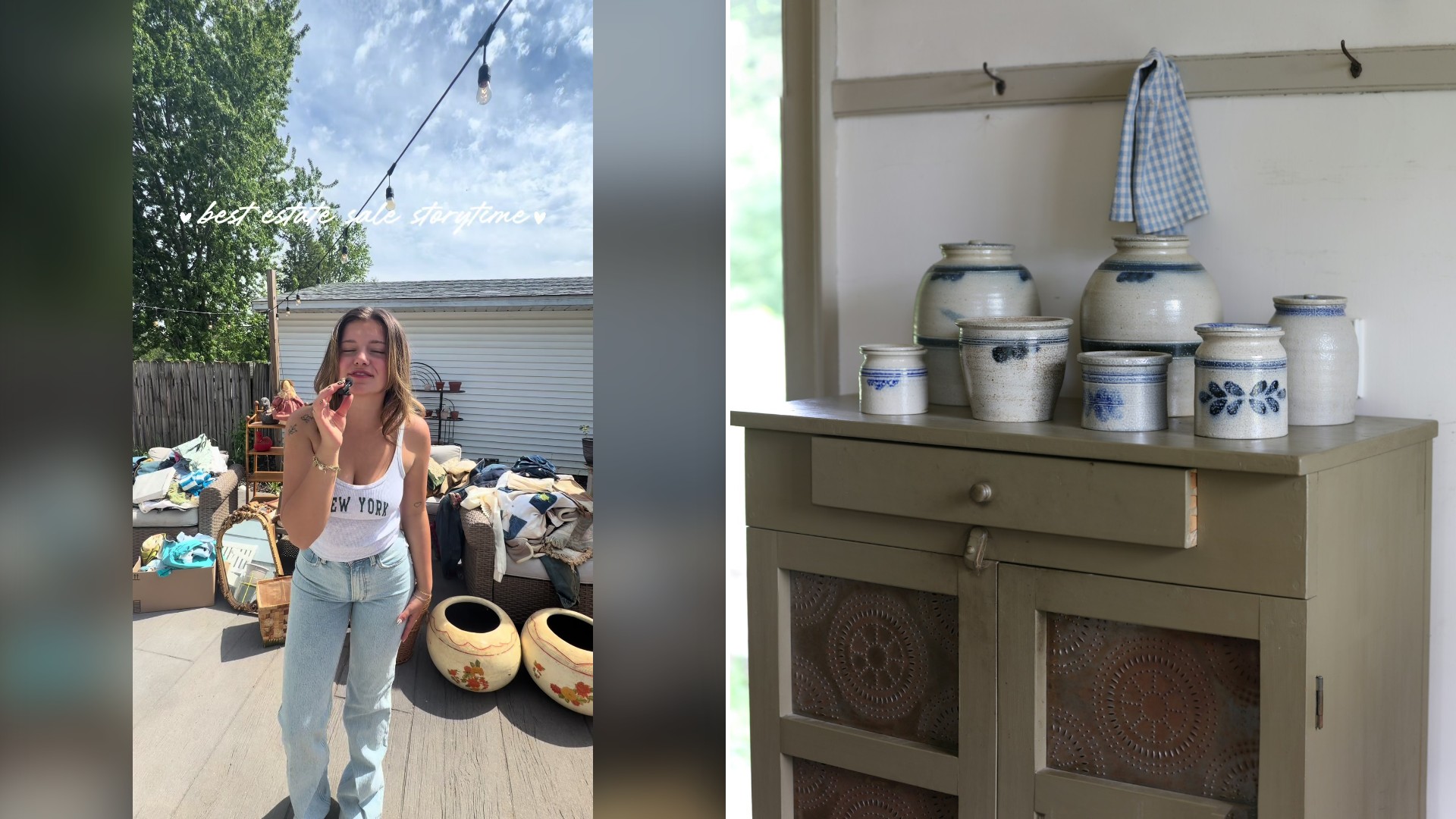 Split image with the cover of @maryhelenmaida's TikTok video, where she stands in a driveway beside a pile of estate sale finds and pottery, on the left and an Unsplash photo by Randy Fath on the right showing white and blue stoneware crocks on a painted wooden cabinet