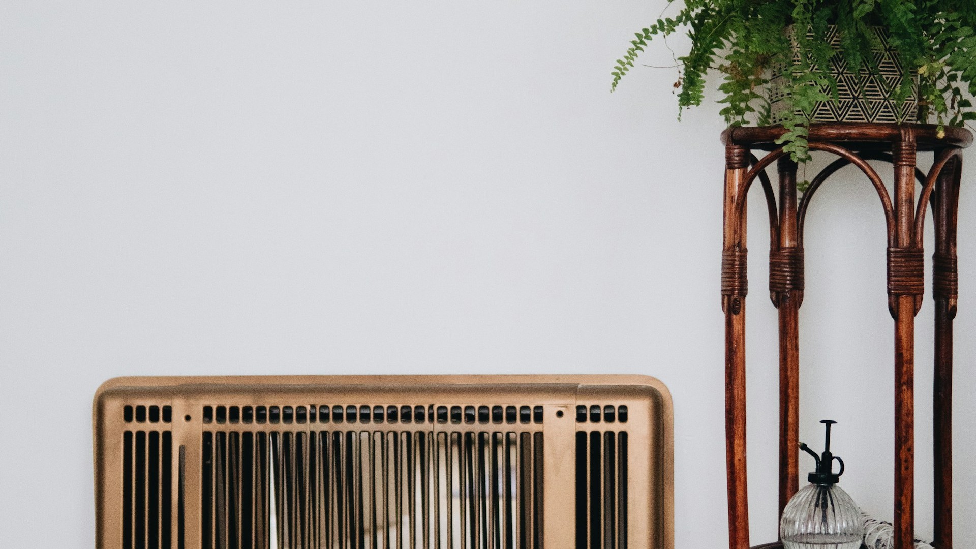 Unsplash photo by Cole Patrick showing a vintage space heater beside a potted plant on a wooden stand