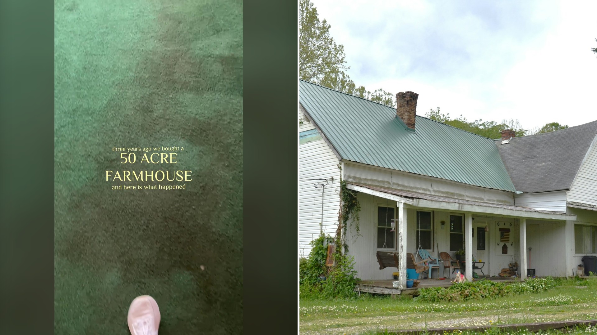 Split image with the cover of @itsalexgibson's TikTok video, where a green title card reads 50 Acre Farmhouse, on the left and an Unsplash photo by Roger Starnes Sr on the right showing a worn white wooden farmhouse with a green roof and an overgrown porch