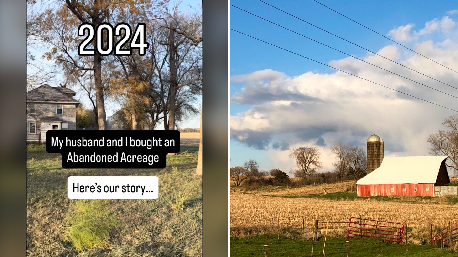 Split image with the cover of @sharel.moore's TikTok video, where an old farmhouse sits on open land under the words My Husband and I Bought an Abandoned Acreage, on the left and an Unsplash photo by Cheryl Graham on the right showing a red barn and a silo beside a farm field