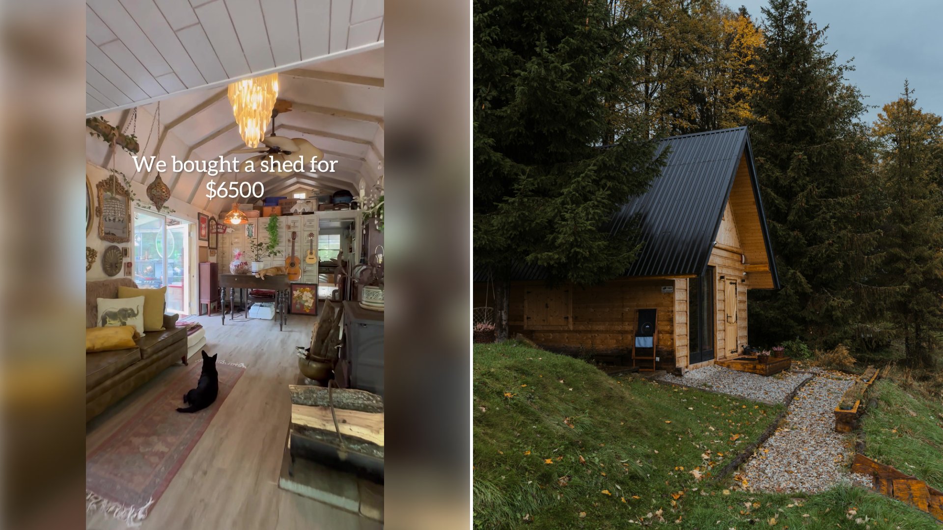 Left: cover still from a TikTok video by @belovedcabin. Right: A small cabin in the middle of a forest (Unsplash photo by Polina Kuzovkova).