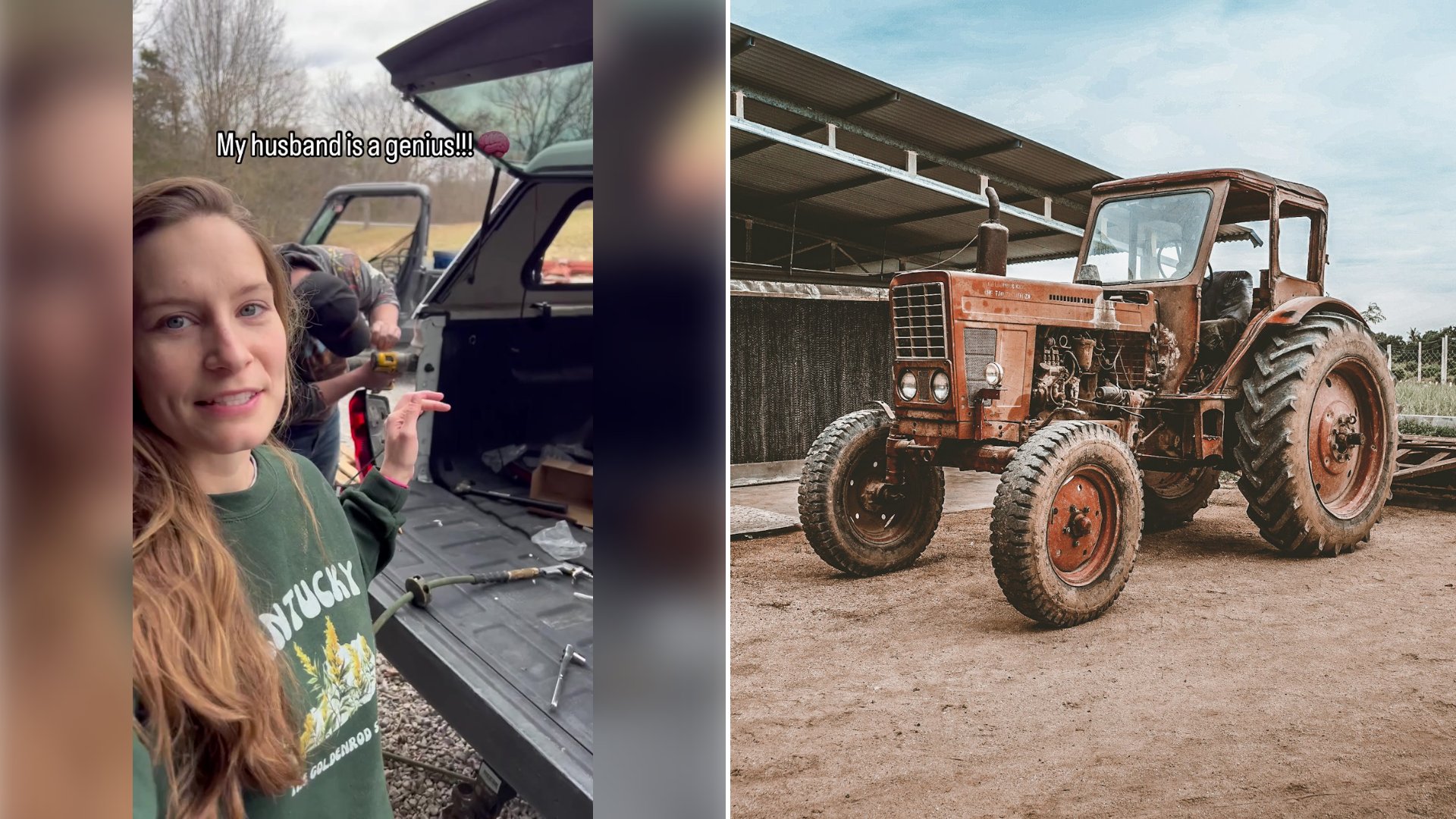 Left: cover still from a TikTok video by @collins.country. Right: Old-model brown tractor (Unsplash photo by Tony Pham).