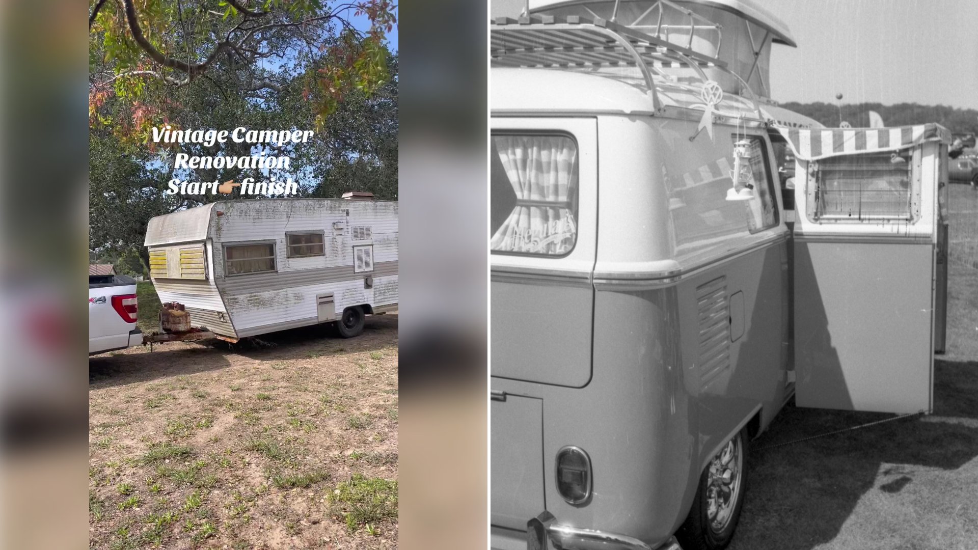 Left: cover still from a TikTok video by @nailgun.nelly. Right: Vintage camper van with a pop-top roof and open door (Unsplash photo by moniek van rosse).