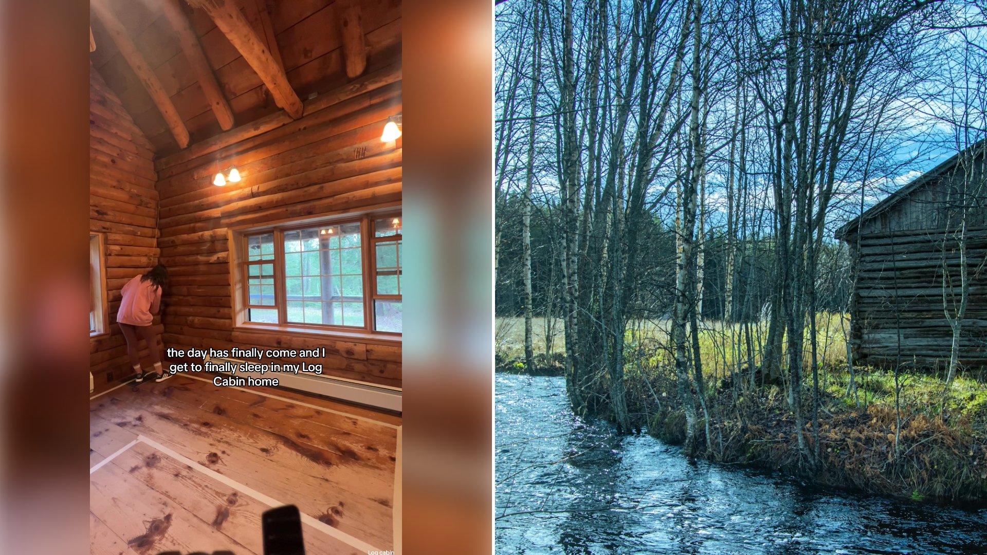 Left: cover still from a TikTok video by @cozycabinacres. Right: Small log cabin in the woods beside a river (Unsplash photo by Juho Luomala).