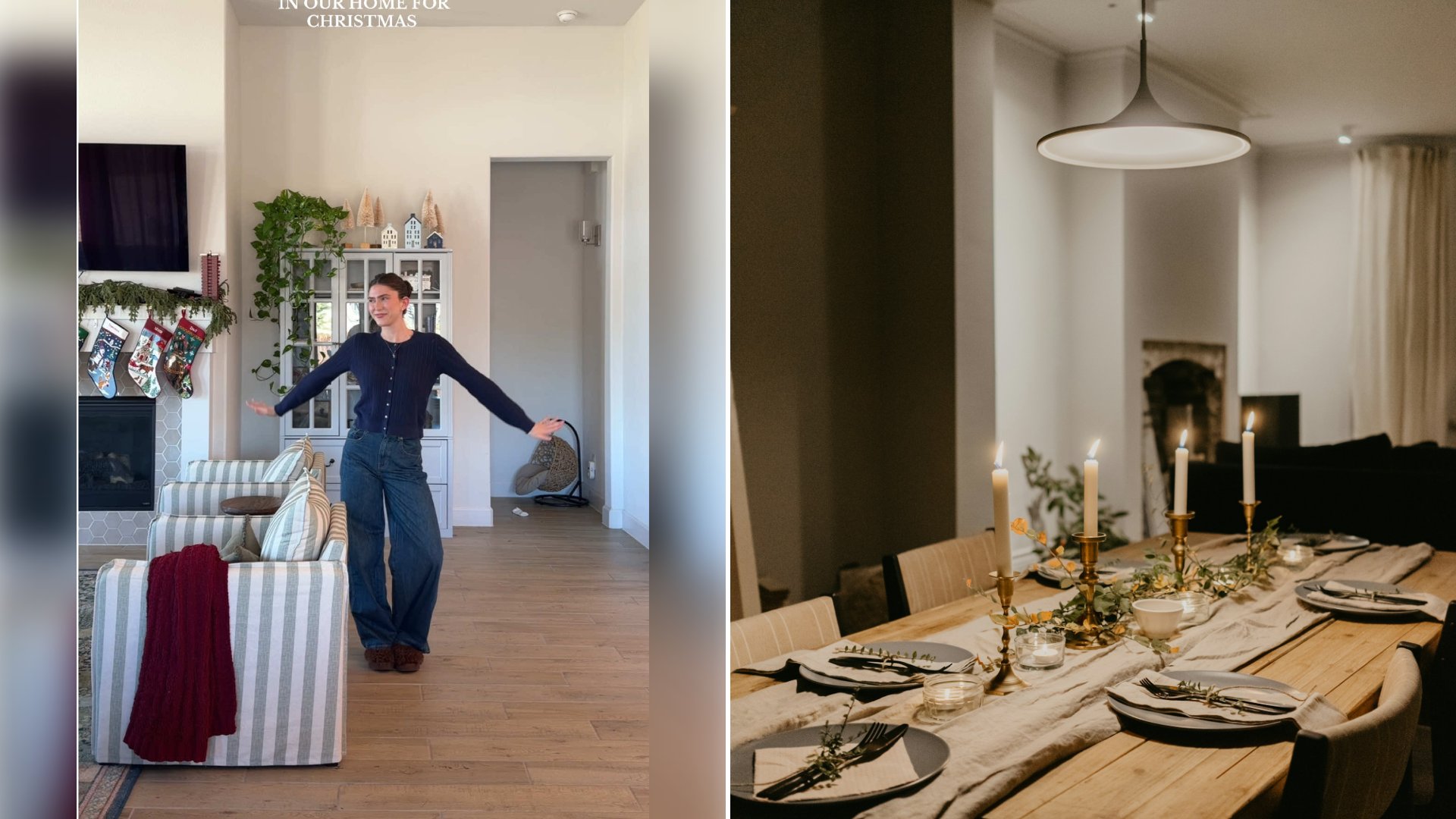 Left: cover still from a TikTok video by @morgankunzie. Right: Dining table set with plates and drinking glasses for a holiday meal (Unsplash photo by Toa Heftiba).