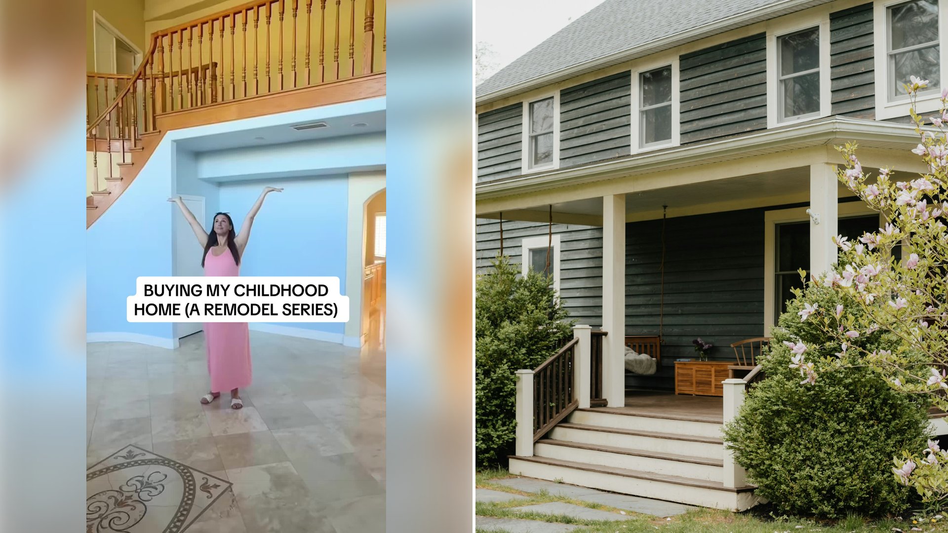 Left: cover still from a TikTok video by @hortonlane. Right: Country home facade with a porch and steps leading to the front door (Unsplash photo by Clay Banks).