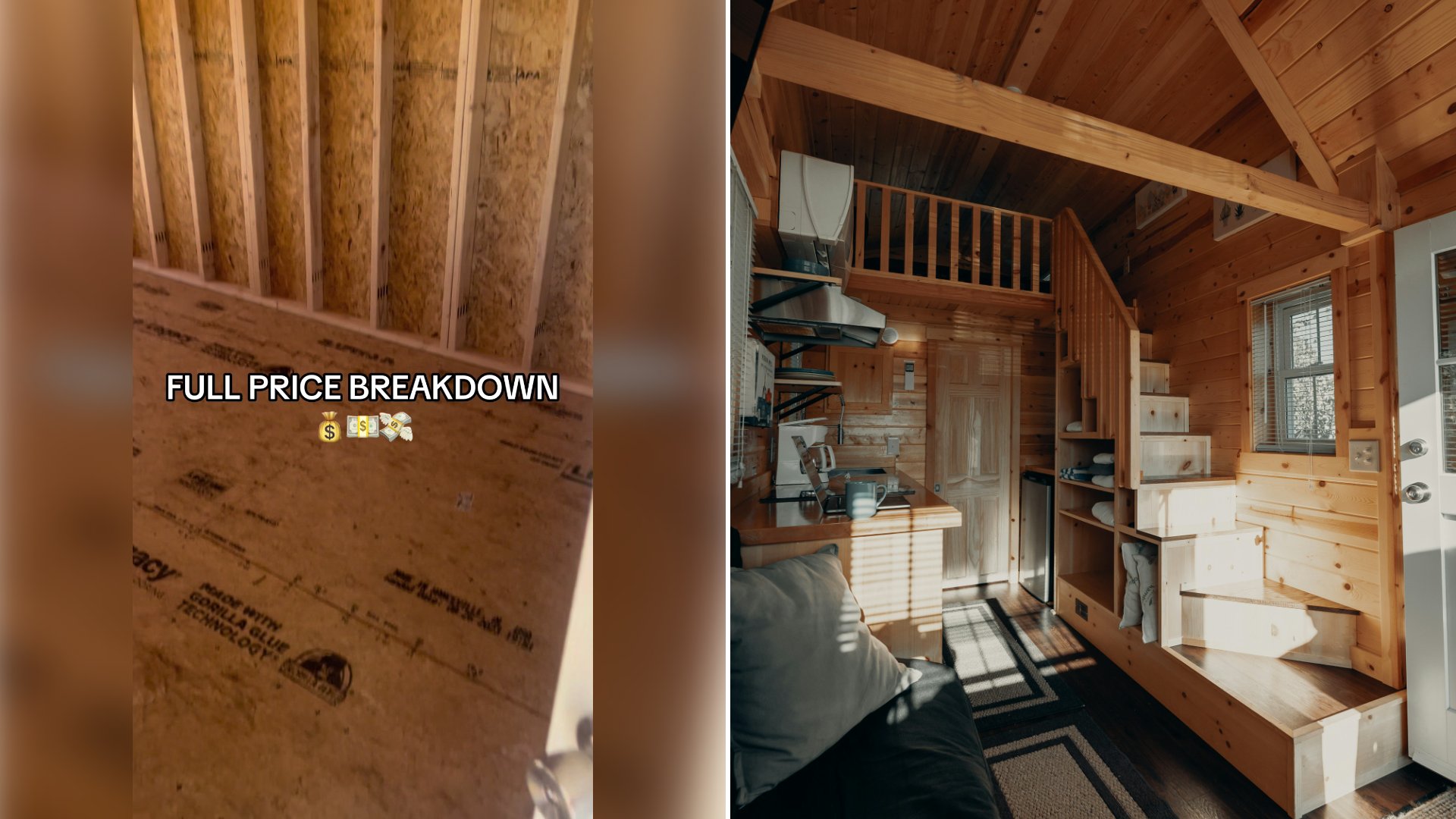 Left: cover still from a TikTok video by @elly.bewley. Right: Compact tiny-home kitchen with white and warm wood cabinetry (Unsplash photo by Clay Banks).