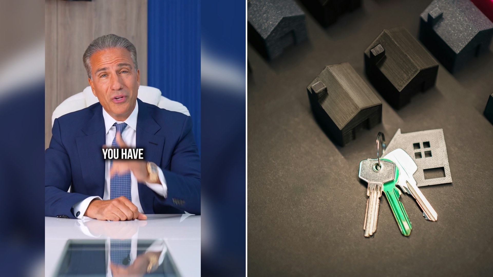 Cover of @todd.nepola's TikTok video beside an Unsplash photo by Jakub Żerdzicki of house keys beside miniature house models on a dark background