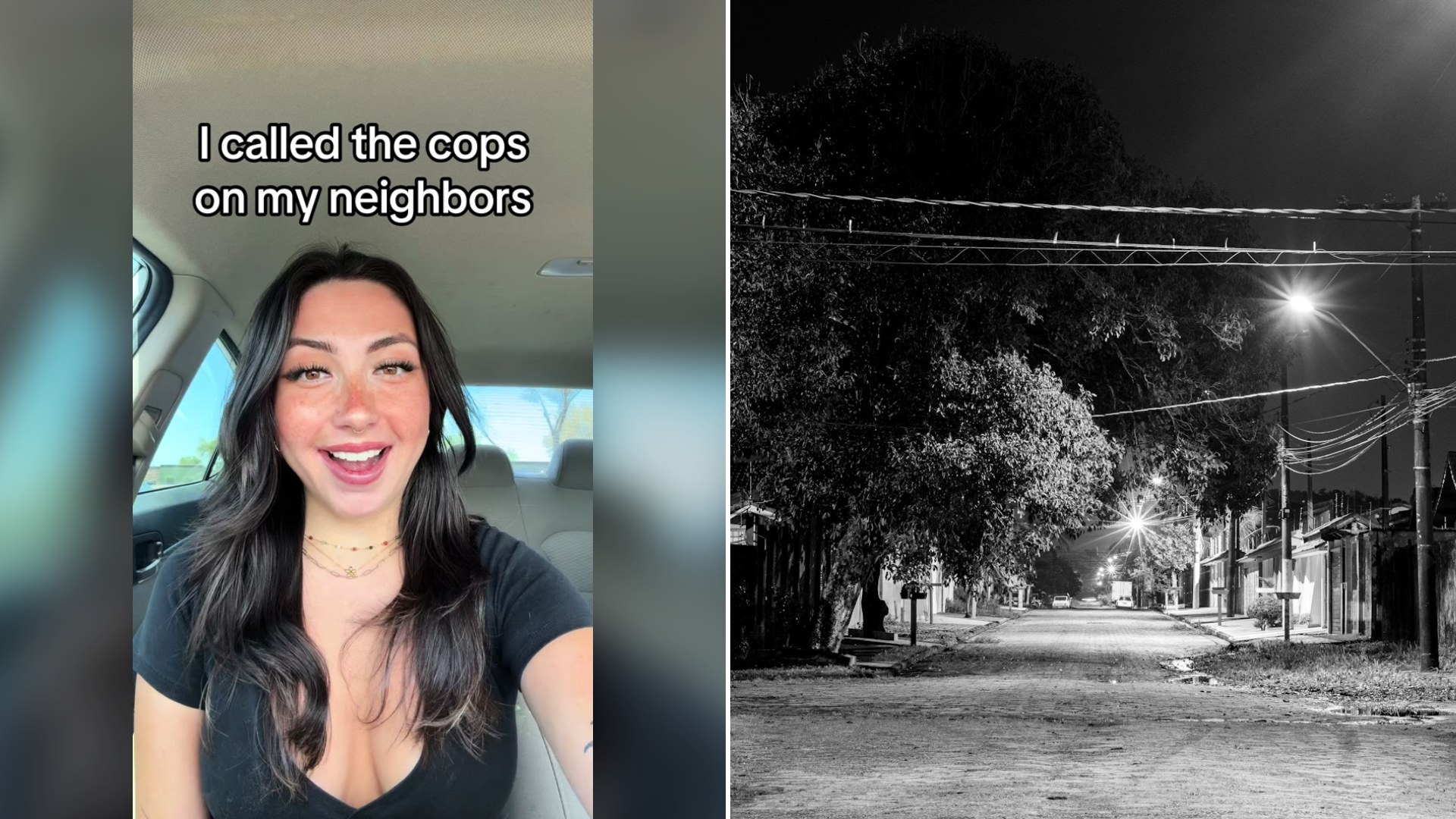 Cover of @kellybrooke.m's TikTok video beside an Unsplash photo by Juan Pablo of a quiet residential street at night under bright streetlights