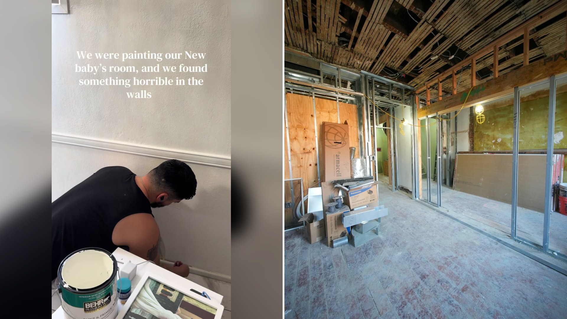 Cover of @lizandeddie's TikTok video beside an Unsplash photo by Olek Buzunov of an interior room mid-renovation with exposed wall framing and ceiling