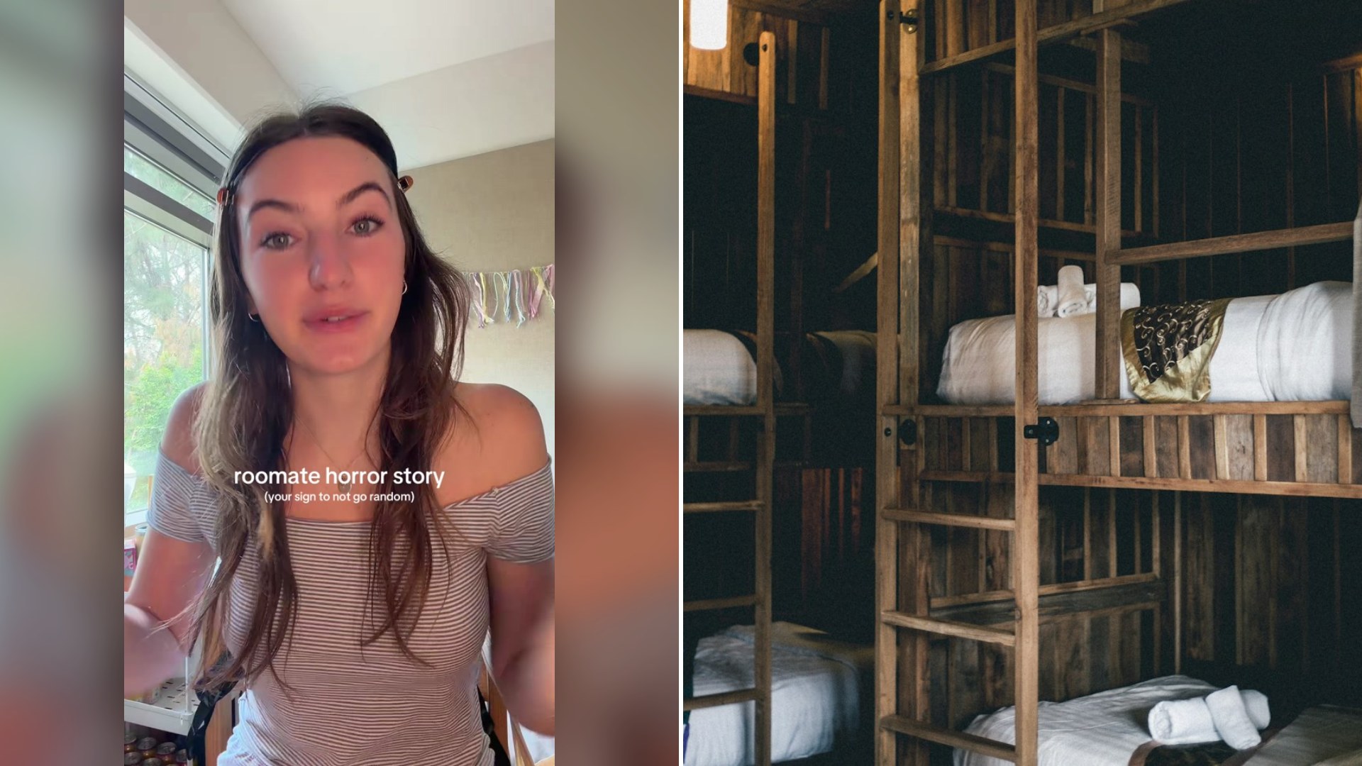 Cover of @abbyrantsalot's TikTok video beside an Unsplash photo by Nicate Lee of brown wooden bunk beds in a small room