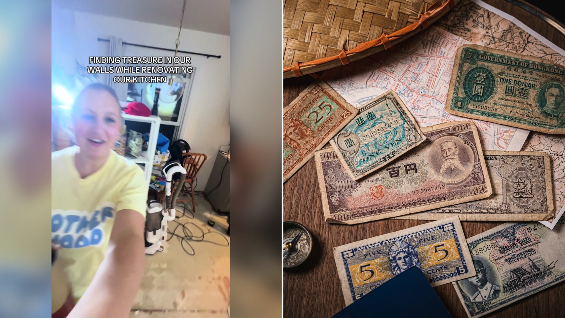 Cover of @alaynapletcher's TikTok video beside an Unsplash photo by Matt Benson of vintage coins and paper currency spread on a wooden table