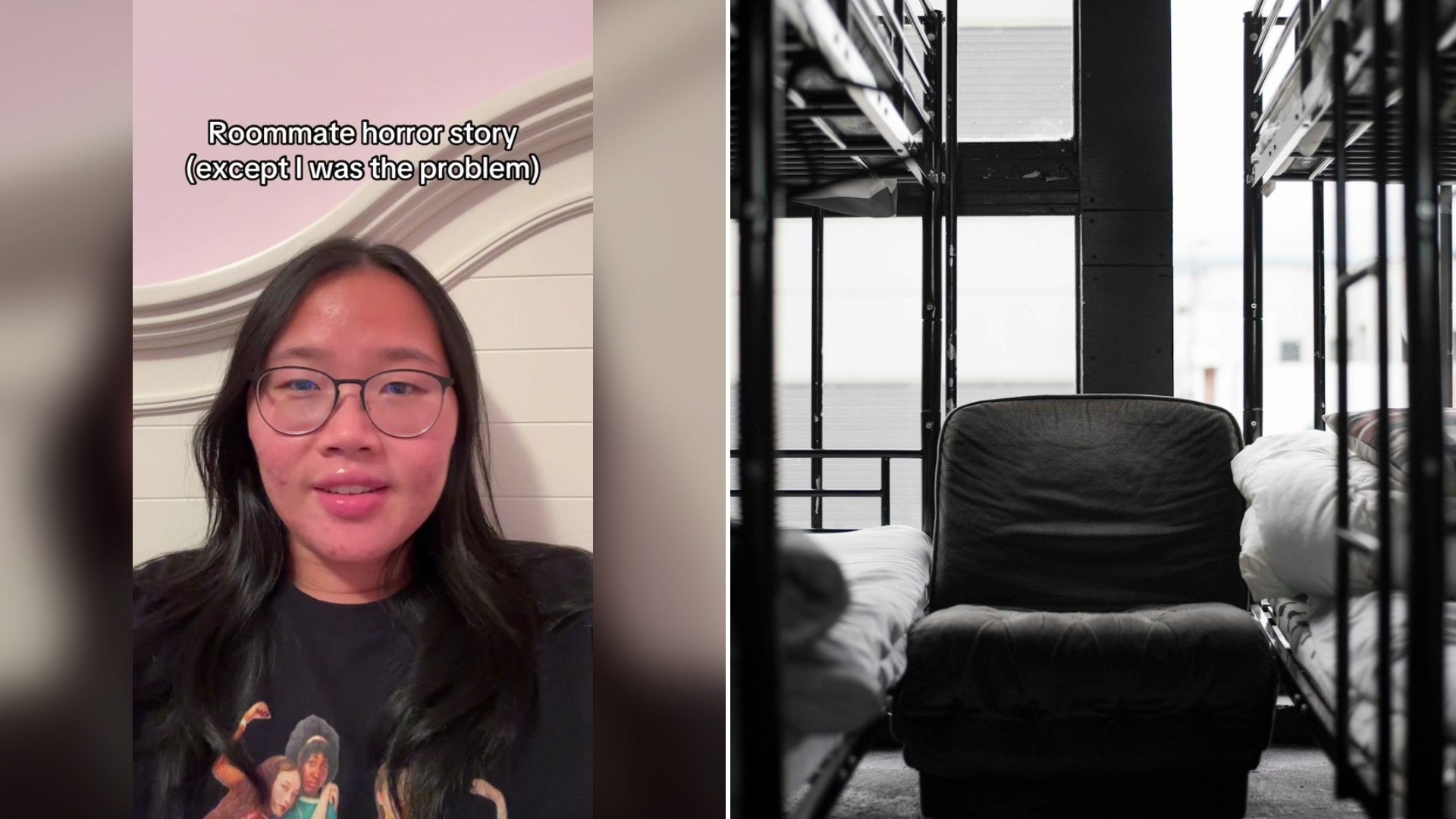 Cover of @kfunggg's TikTok video beside an Unsplash photo by Taiga Ishii of a grayscale bunk bed and chair in a dim room