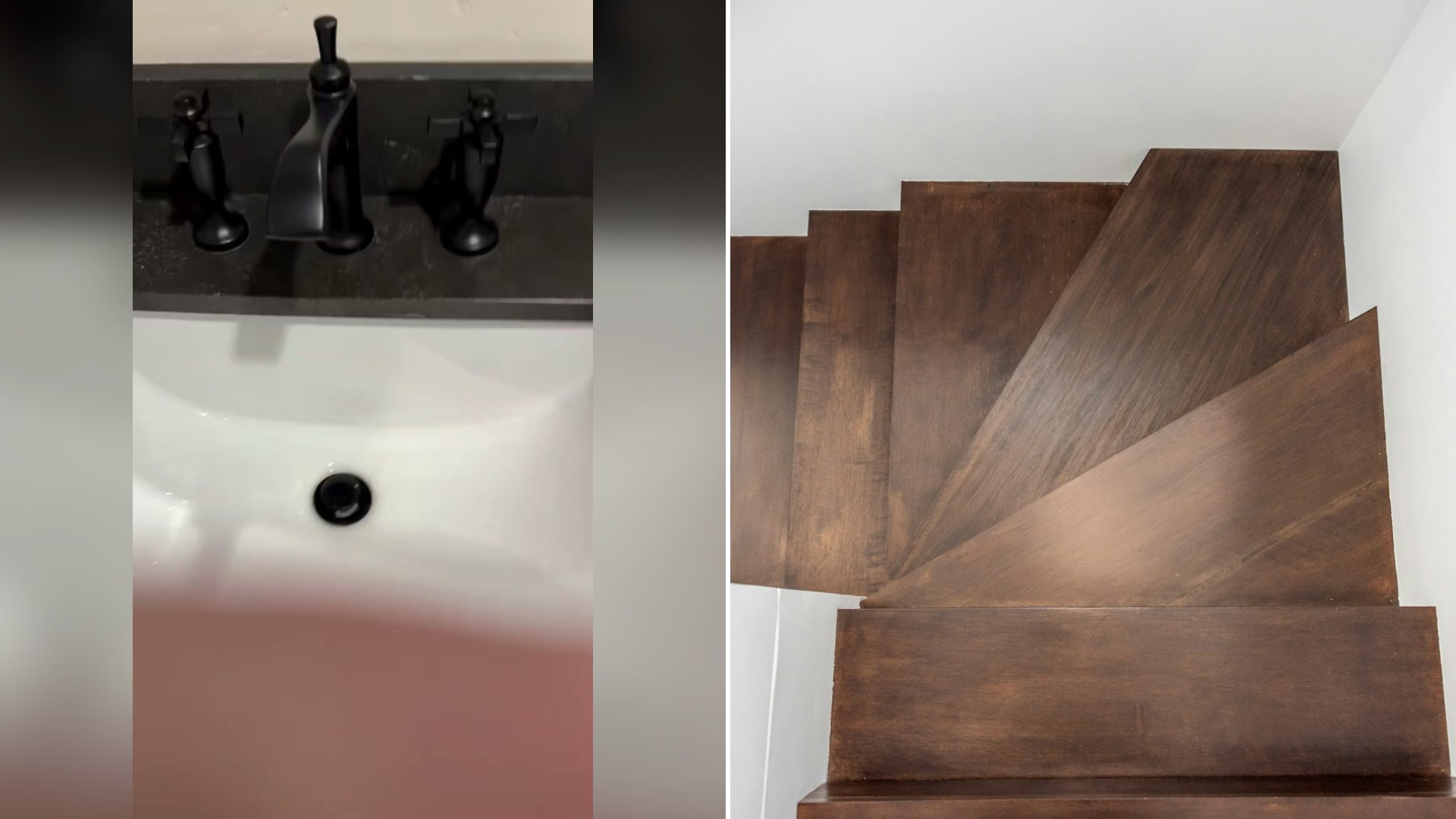 Cover of @inspectionhome's TikTok video beside an Unsplash photo by Steven Ungermann of a staircase with a wooden handrail and balusters in a bright home