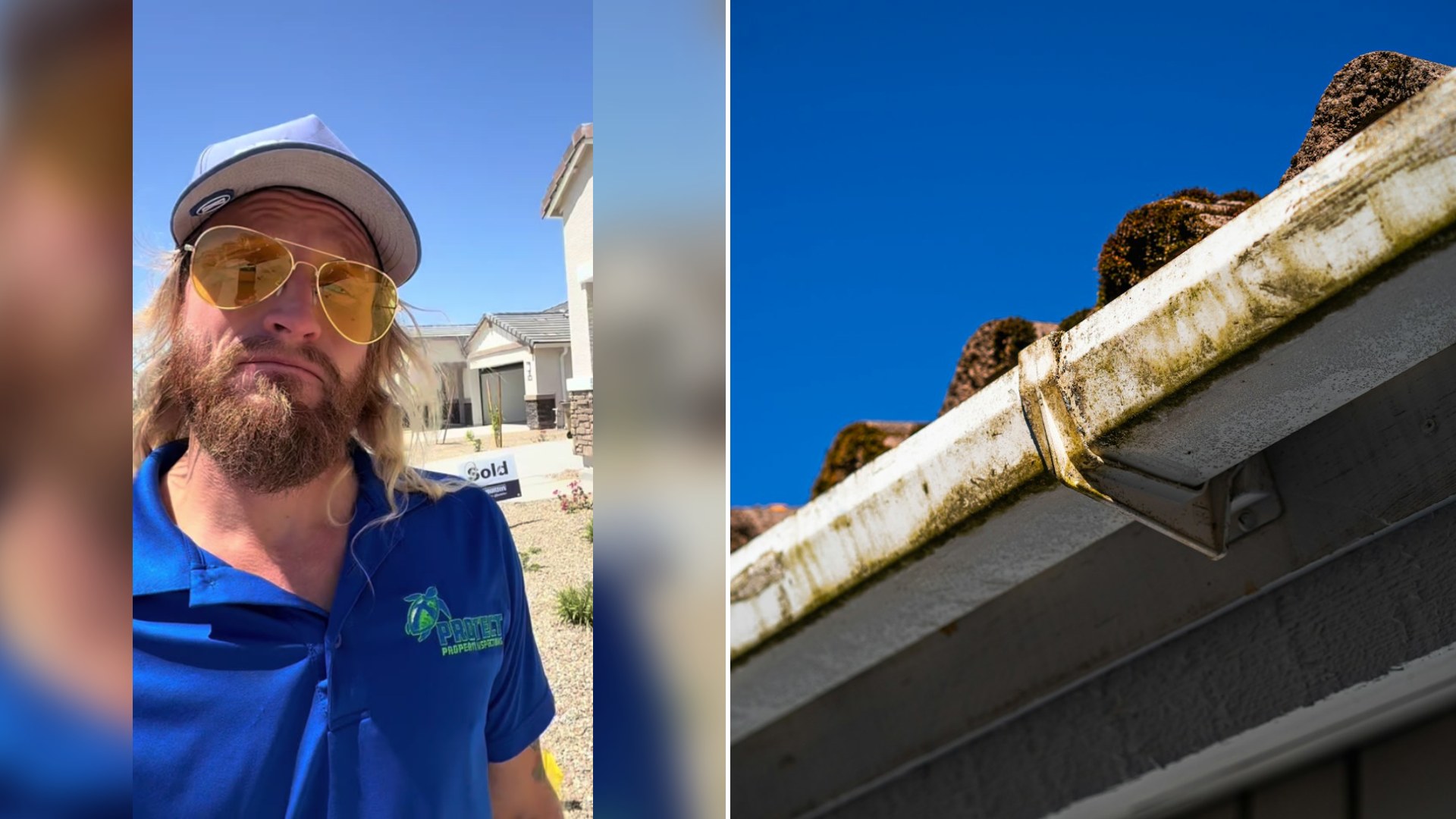 Cover of @jonny.eagle.eye's TikTok video beside an Unsplash photo by Aleksi Partanen of dirty gutters and a roof edge against a blue sky
