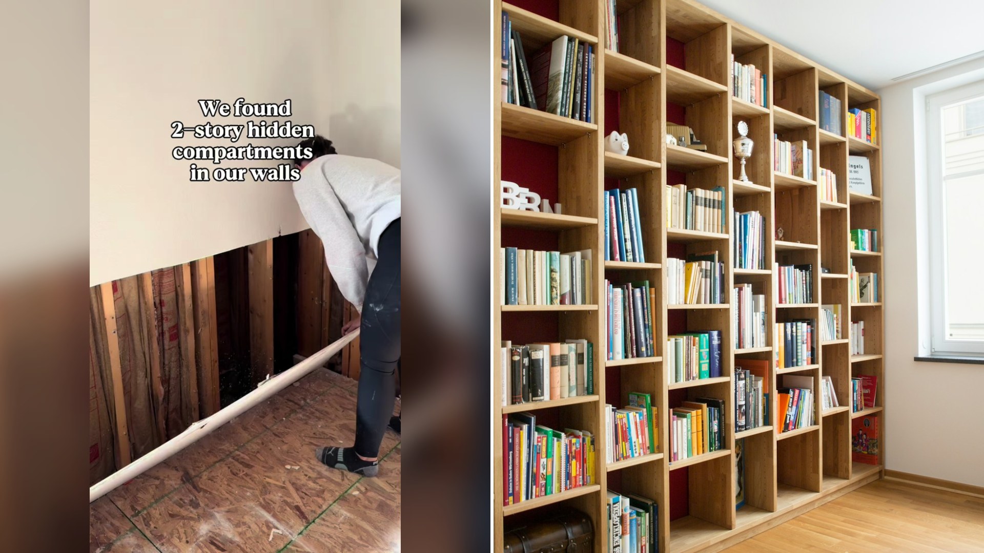 Cover of @meadowclarkhome's TikTok video beside an Unsplash photo by Pickawood of built-in wooden bookshelf compartments beside a window