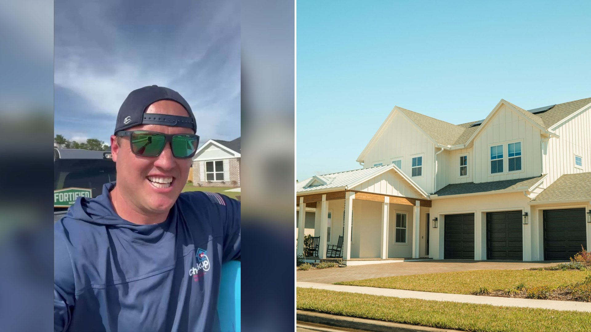 Cover of @inspector.jordan's TikTok video beside an Unsplash photo by Eric Ardito of a large white new-build house with a two-car garage and driveway