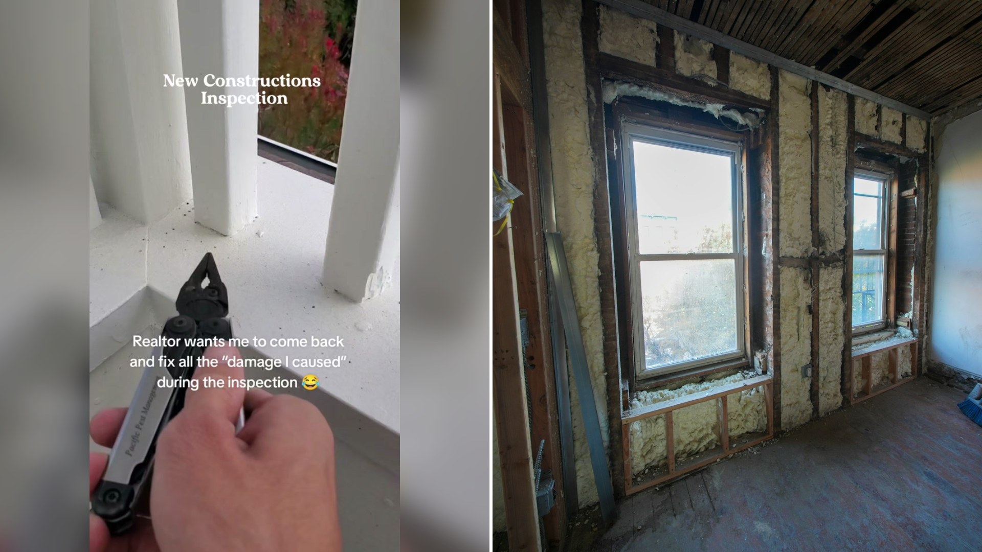 Cover of @inspectionhome's TikTok video beside an Unsplash photo by Olek Buzunov of a room under construction with exposed insulation and windows