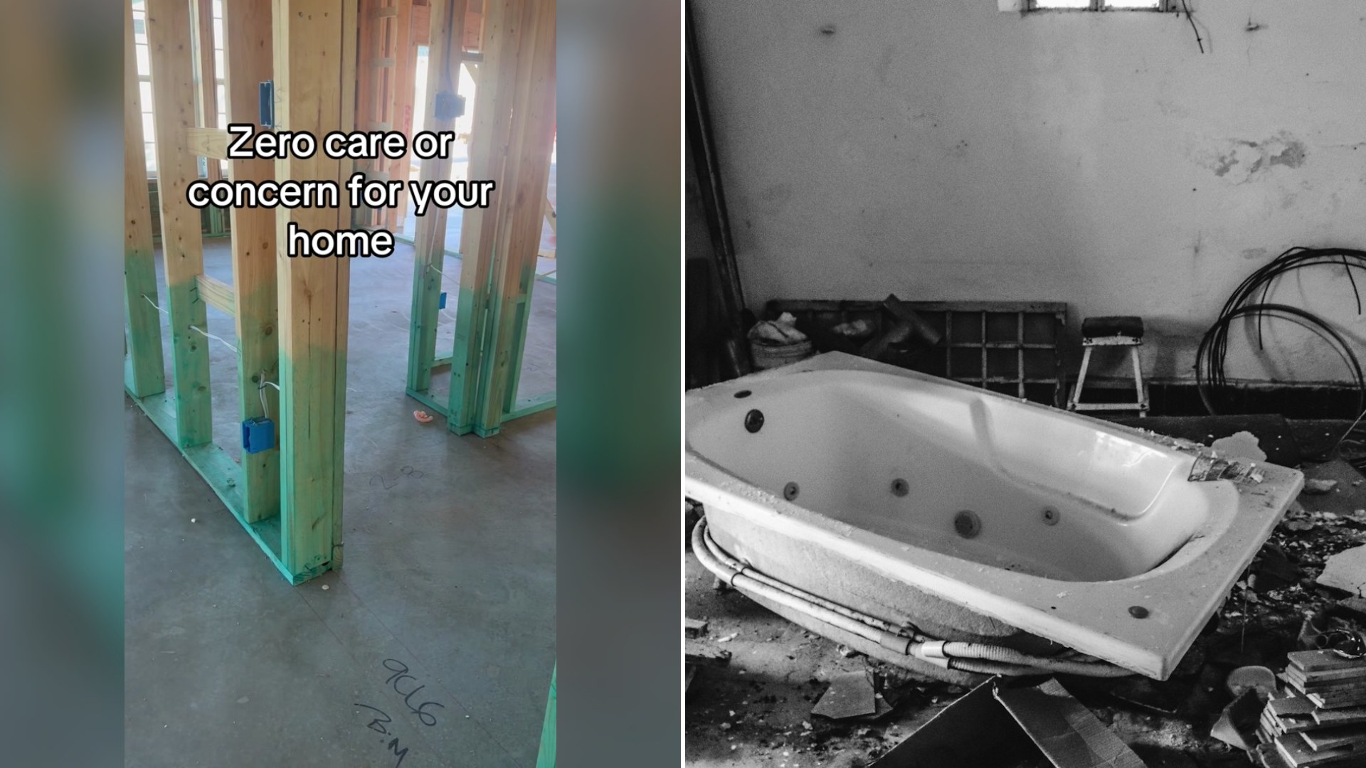 Cover of @texas.edge.inspect's TikTok video beside an Unsplash photo by Jorge Zapata of a white bathtub in an unfinished room with scattered wood scraps