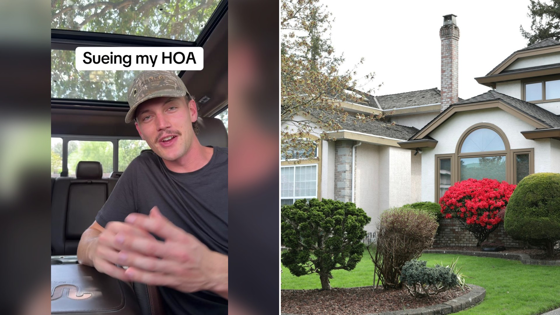Cover of @iamprovolone's TikTok video beside an Unsplash photo by QY Liu of a large suburban house with manicured bushes and red flowers
