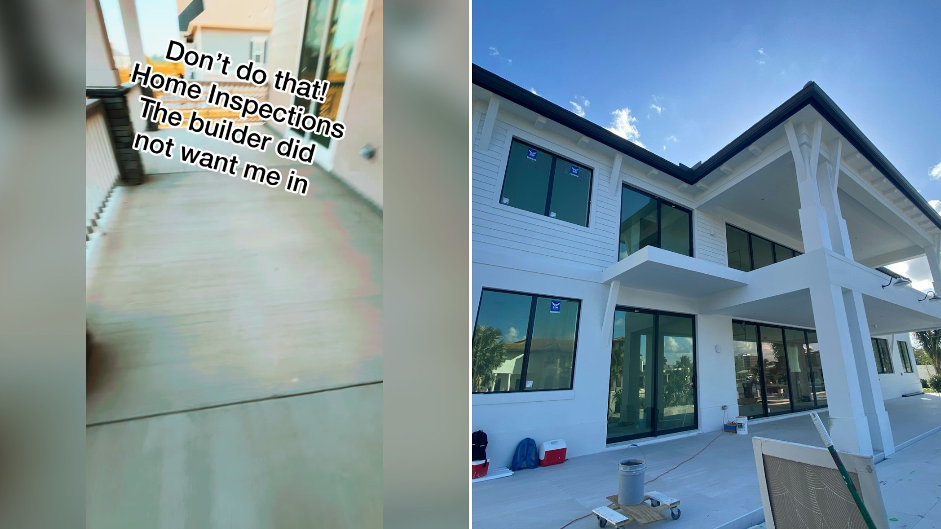 Cover of @inspector_fletch's TikTok video beside an Unsplash photo by gene yllanes of a white and blue wooden house exterior under a blue sky