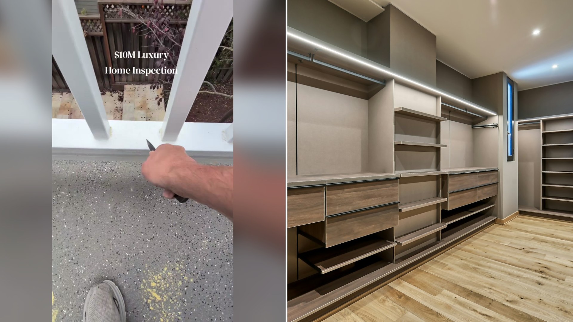 Cover of @constructioncheckhq's TikTok video beside an Unsplash photo by Gabriel Rosenblut of a large walk-in closet with shelving and a wooden floor