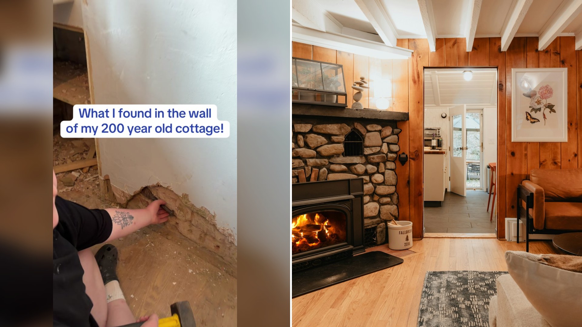 Cover of @geoscottagereno's TikTok video beside an Unsplash photo by Clay Banks of a cabin-style living room with a fireplace