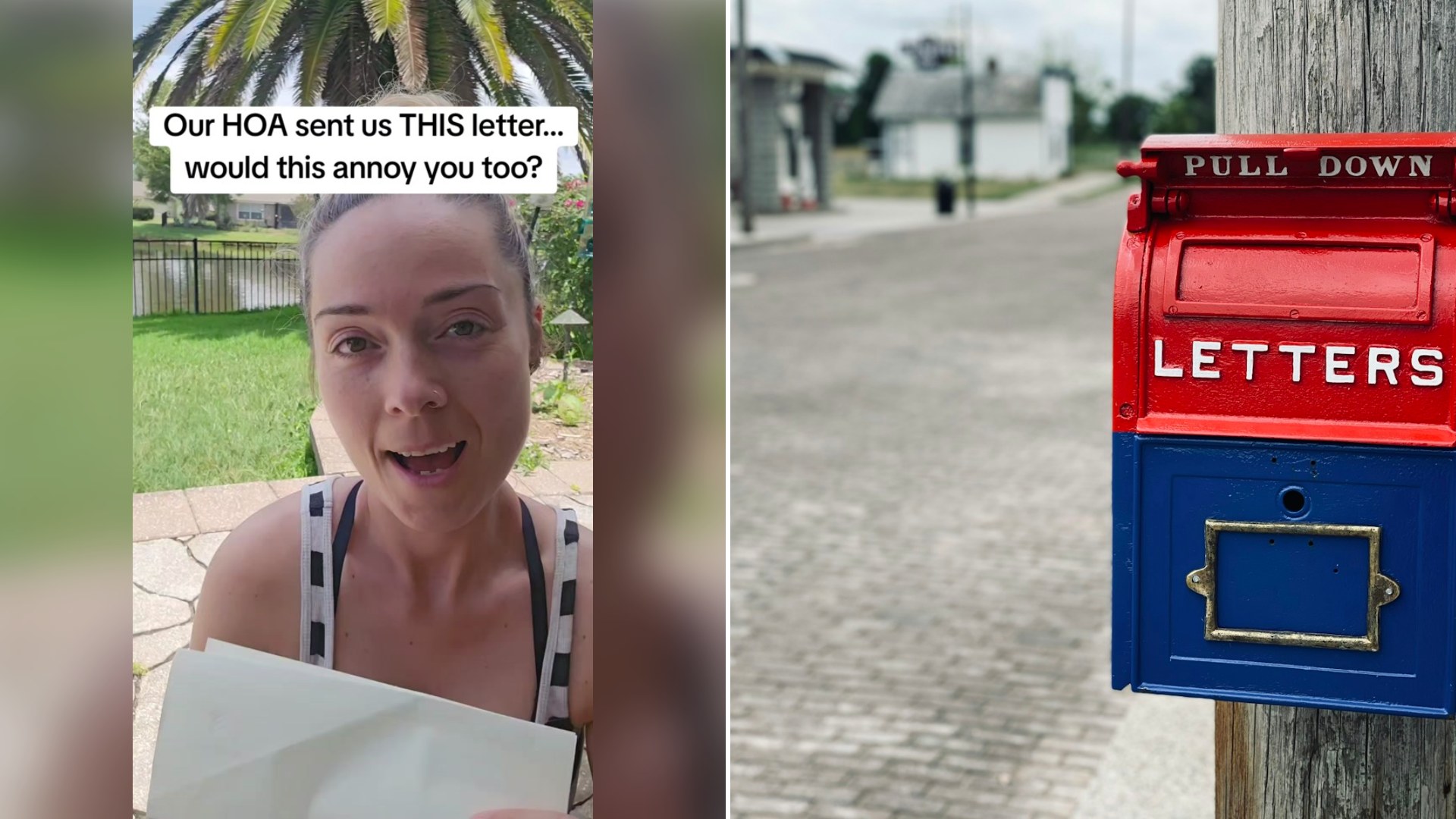 Cover of @brits.inthesunshinestate's TikTok video beside an Unsplash photo by Brett Garwood of a red mailbox on a brown wooden post