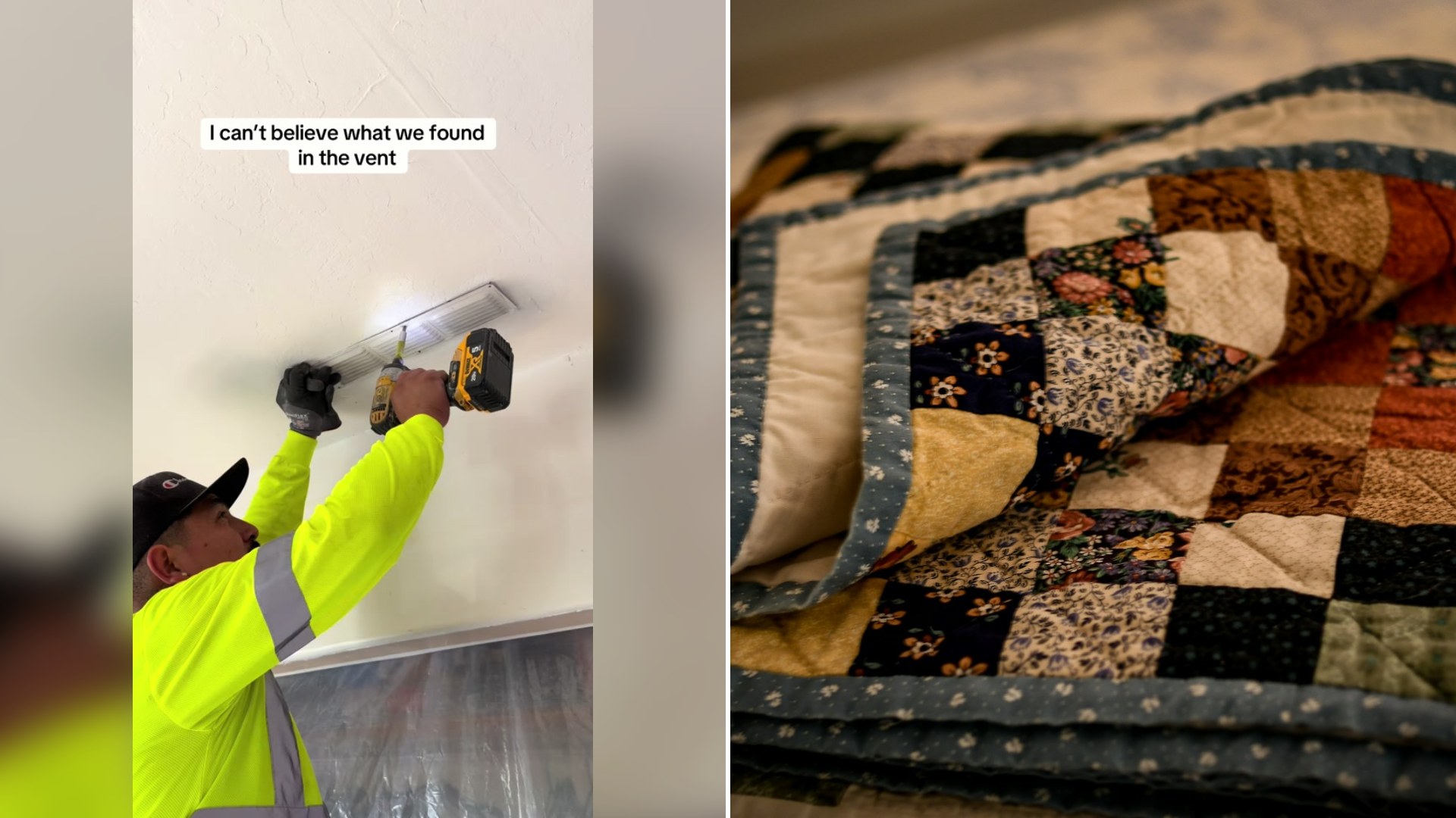 Cover of @kitchenwife.w.aknife's TikTok video beside an Unsplash photo by Nathan Bang of a folded vintage quilt in white, brown and black