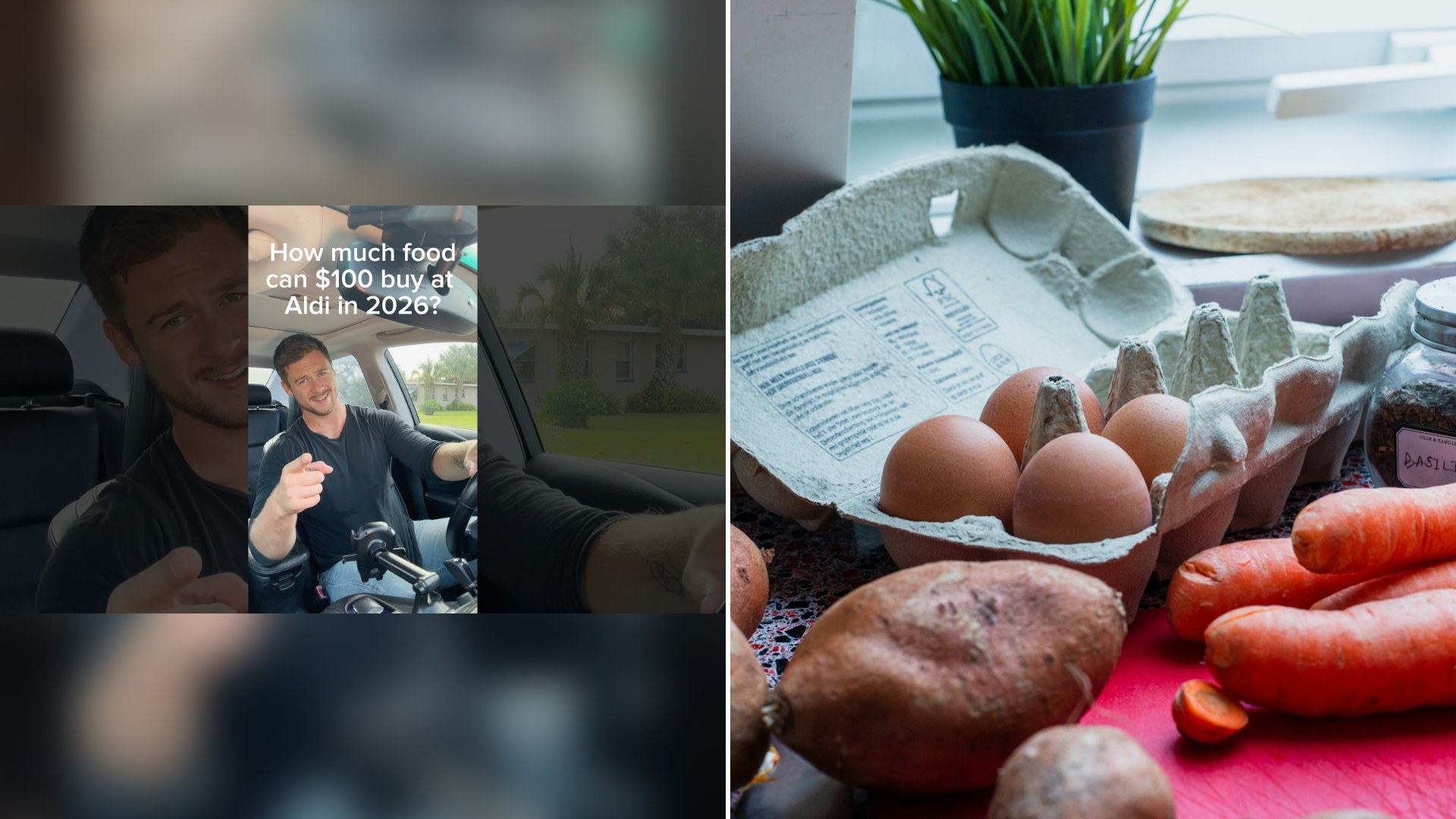 Thumbnail of @joelhunter's YouTube video (left) beside an Unsplash photo by Louis Hansel of eggs in a tray beside carrots.