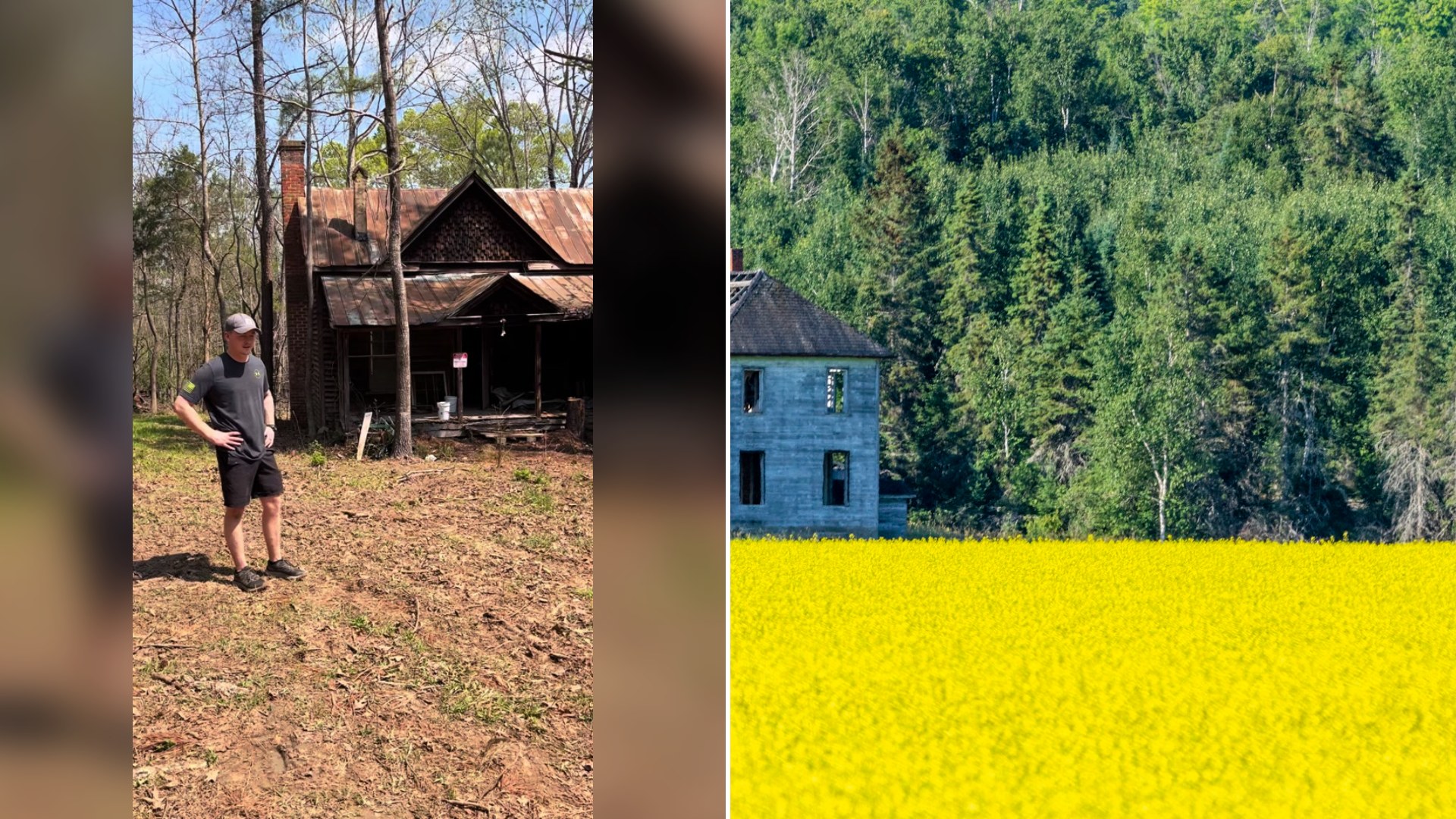 Cover of @bouldercreekhs's TikTok video beside an Unsplash photo by Camerauthor Photos of an abandoned homestead in a canola field.